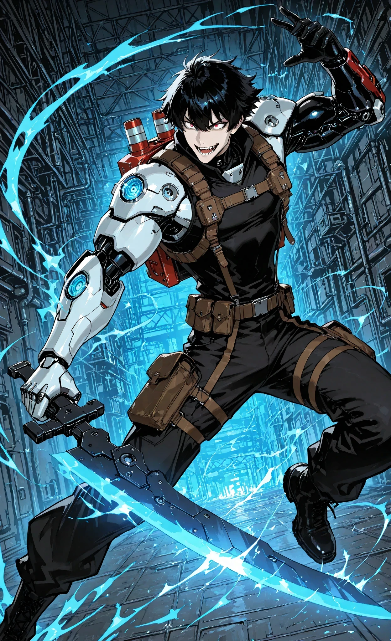 (dynamic pose:1.2),(detailed eyes:1.2), (sharp eyes:1.1),,masterpiece, best quality, ultra-detailed:1.3, character design, sci-fi anime, 1male, Yatagan Engineer, handsome face with cybernetic eye, robotic left arm with visible mechanisms, holding elegant curved blade, holographic blueprints projected from forearm, wearing engineer's harness over combat gear, determined analytical expression, industrial background with floating equations, contrast between precision and power