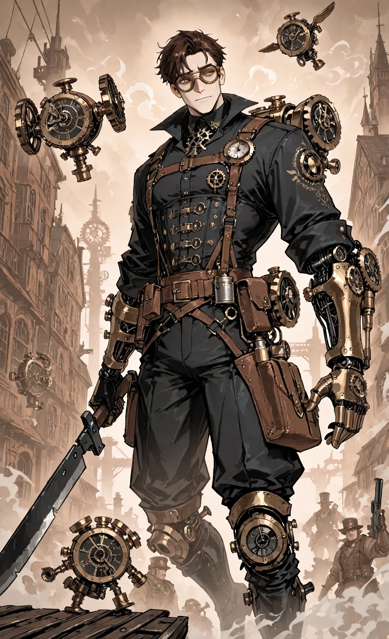(detailed eyes:1.2), (sharp eyes:1.1),masterpiece, best quality, ultra-detailed:1.3, steampunk fantasy, 1male, Yatagan Engineer, brass and copper mechanical limbs, steam-powered machete with gear mechanisms, parchment blueprints floating in air, analytical goggles, Victorian engineer attire mixed with combat gear, industrial revolution battlefield, clockwork aesthetics