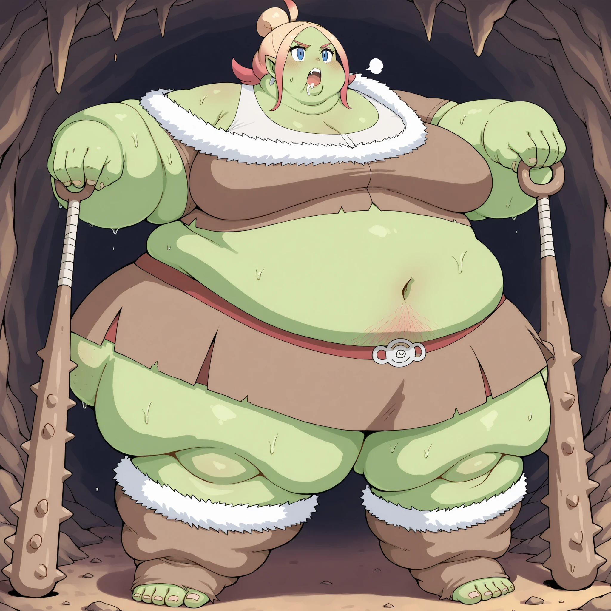 taunie, aged up, taunie \(pokemon\), pink hair, blonde hair, gradient hair, multicolored hair, single hair bun, ahoge, blue eyes, short hair, sidelocks, big breasts, Becoming a orc, monster, Orc, Female Orc, green skin, tusks, Orc, fangs, 1girl, fur, rags, brown crop top, fur trim crop top, single off shoulder, midriff, navel, brown miniskirt, fur trim miniskirt, blank_stare, empty_stare, fat, chubby, obese, gigantic arms and legs, large breasts, sweating, wet body, swollen face, Fat_neck , Fat head , eyes with crushed cheeks , nose with crushed cheeks , mouth with crushed cheeks , chin roll, only head, large head, oversized limbs, large hands, large feet, oversized feet, oversized fingers, big lips, plump lips, fat face, fupa, big fupa, fat fupa, in a cave, open mouth, drooling, pubic hair, hairy, holding a club, holding a weapon, fat, chubby, obese, fat neck, multiple chins, big breasts open mouth, out of breath, Larger female, full body shot, only head, large head, oversized limbs, large hands, large feet, oversized feet, oversized fingers, big lips, plump lips, fat face, fupa, big fupa, fat fupa, hunchback,