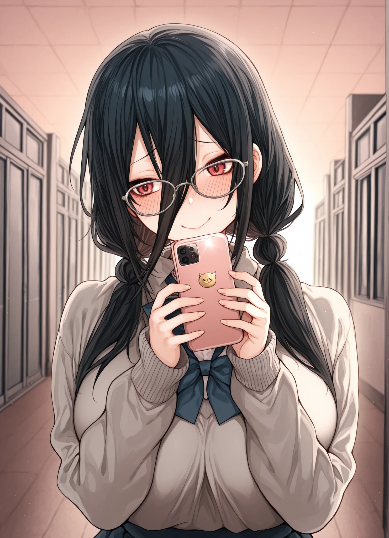 score_9, score_8_up, score_7_up, source_anime, 1 girl, nerdy girl, glasses, dumb smile, shy, twintails, cellphone, hipnosis app,Big , school Outfit, másterpiece, absurd, no letters,black hair, mechón de pelo, long bangs between eyes,hypnosis screen, blush, shy