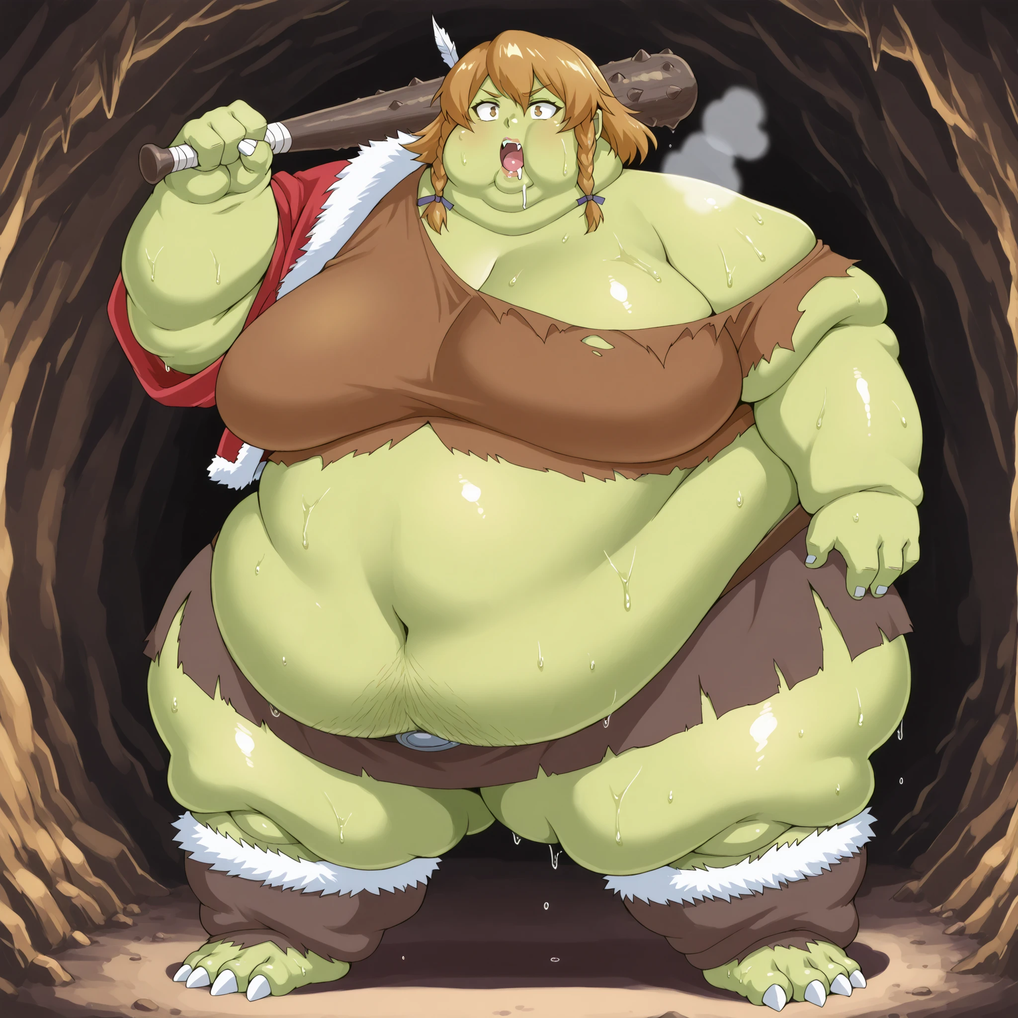 guildreceptionist, Becoming a orc, monster, Orc, Female Orc, green skin, tusks, Orc, fangs, 1girl, fur, rags, brown crop top, fur trim crop top, single off shoulder, midriff, navel, brown miniskirt, fur trim miniskirt, blank_stare, empty_stare, fat, chubby, obese, gigantic arms and legs, large breasts, sweating, wet body, swollen face, Fat_neck , Fat head , eyes with crushed cheeks , nose with crushed cheeks , mouth with crushed cheeks , chin roll,
only head, large head, oversized limbs, large hands, large feet, oversized feet, oversized fingers, big lips, plump lips, fat face, fupa, big fupa, fat fupa, in a cave, open mouth, drooling, pubic hair, hairy, holding a club, holding a weapon, large breasts, fat, chubby, obese, fat neck, multiple chins, big breasts open mouth, out of breath, Larger female, full body shot, only head, large head, oversized limbs, large hands, large feet, oversized feet, oversized fingers, big lips, plump lips, fat face, fupa, big fupa, fat fupa, hunchback, torn clothes, ripped clothes