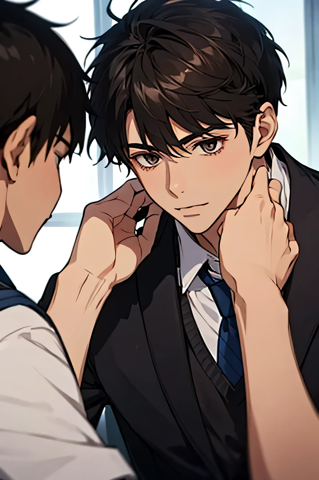 handsome dark haired Two adult males High School Boys uniform male teacher The two are having a conversation classrooms Make your face bigger