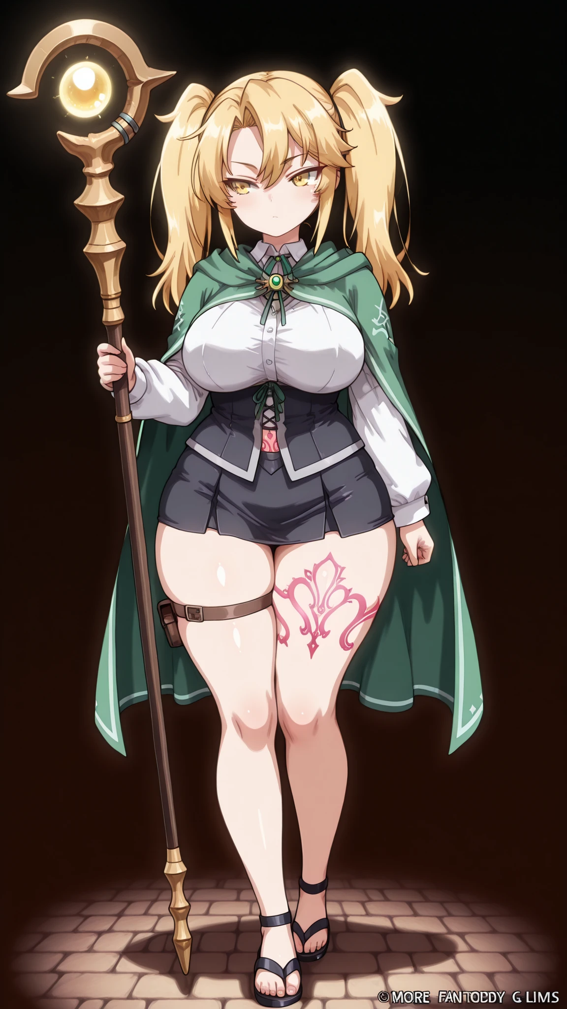 feet,(style_name:1.3),(fantasy,Wizard:1.3),shirt,skirt,,kashiwazakikana,(cute),(High Resolution),(More Details), (8K),(yellow hair),long hair,twintails, (tsurime),(yellow eyes),(short girl,curvy),(dark:1.2),thigh strap,simple_background,pink pubic tattoo ,glowing tattoo,green Cape,Long staff,sandal,ハイヒール,