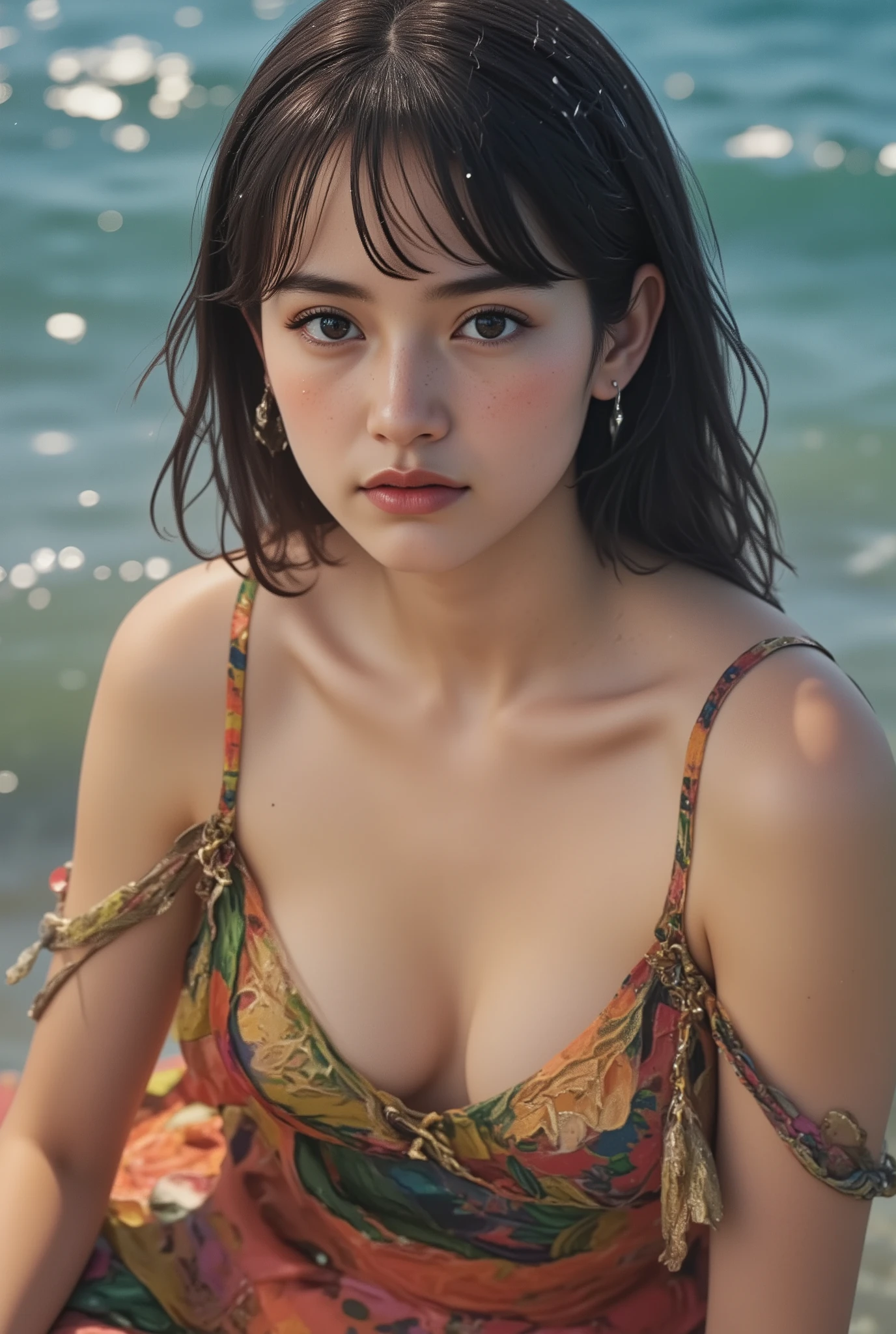 (best quality,4k,8k,highres,masterpiece:1.2),ultra-detailed,(Ultra-realistic, photorealistic,photo-realistic:1.37), 1 beautiful young French girl, 17yo, smiling seductively, sitting on coral coast in Australia, detailed iridescent eyes, delicate facial features, long eyelashes, peaceful expression, colorful dress, detailed folds and textures, Sparkling Waves, warm vibrant colors, cinematic lighting, 8k, high quality, photorealistic, masterpiece, studio lighting, detailed texture, vivid colors