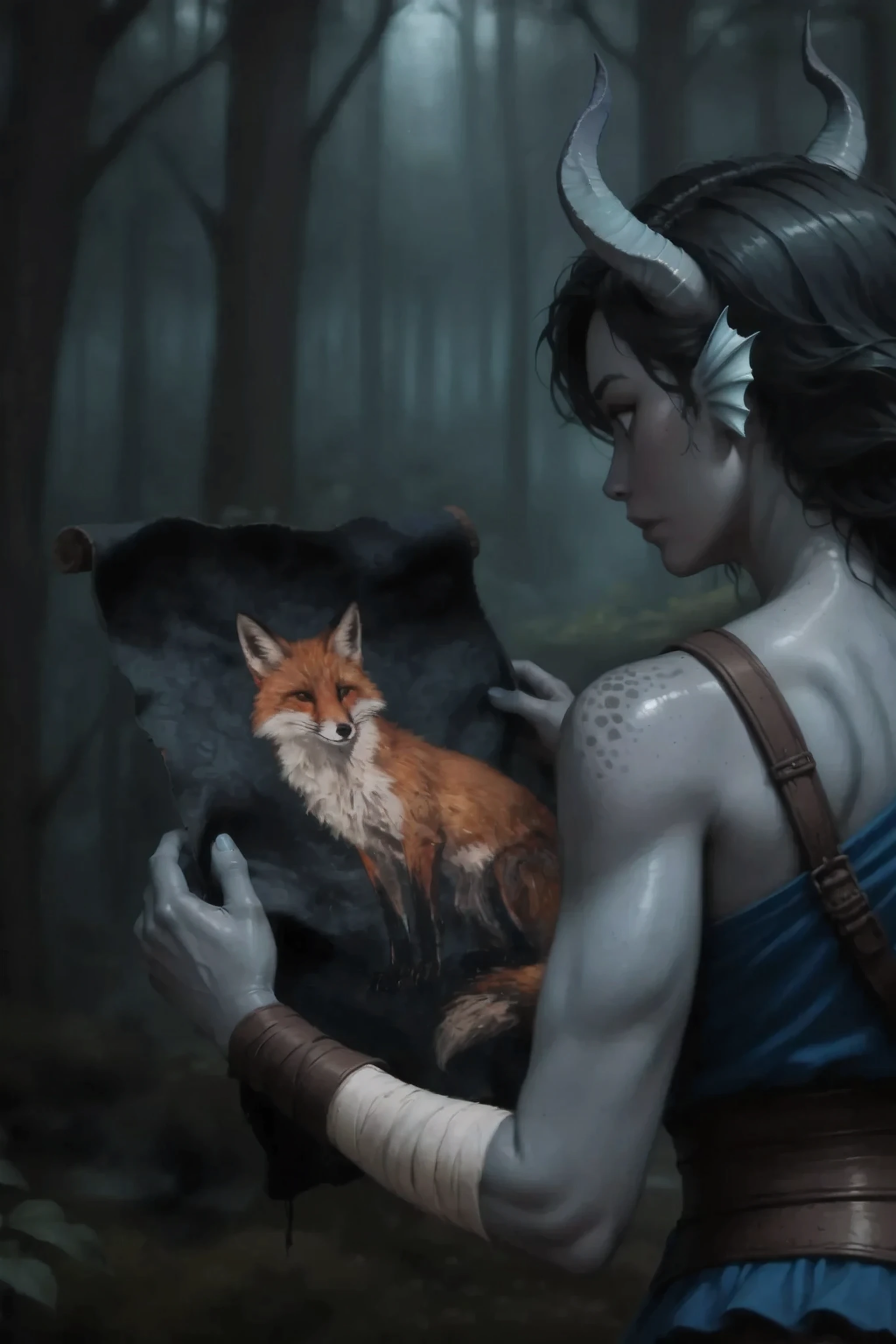 Kedra, (blue-grey hands:1.4), dark blue-gray skin , (pigmentation of the shoulder:1.2), dark blue-gray horns, Loose black hair, bright blue eyes , hand bandages, ( Best hands ). (5 dark blue-grey fingers:1.3), against the background, a very blurred forest background. (holds an old dark parchment with the image of a fox).
masterpiece, best quality, ultra-detailed, A cinematic emotional static frame, 8K UHD, extremely detailed, physical visualization, HDR.