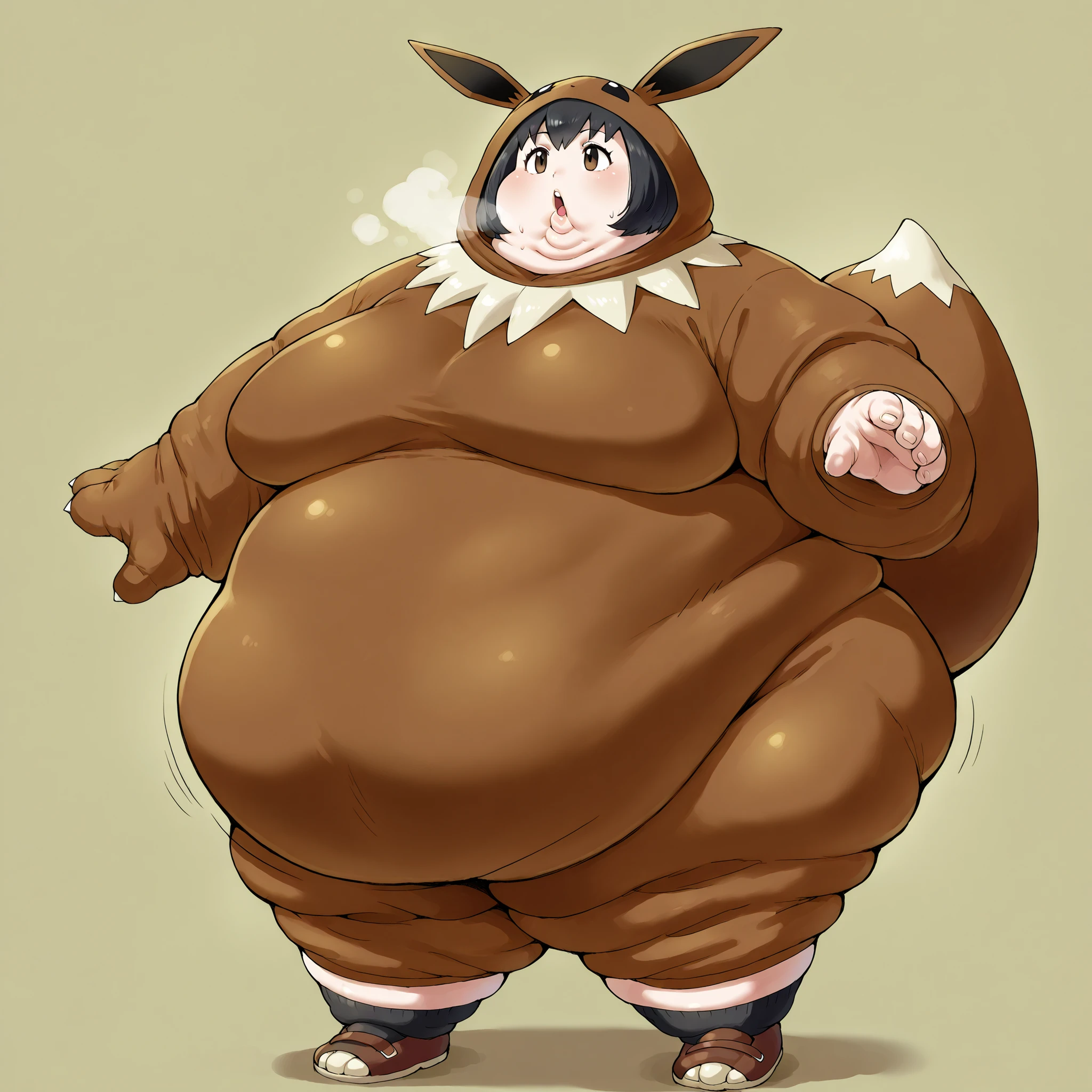 solo, 1girl, 1pokekid1, black hair, short hair, brown eyes, brown onesie, brown hood, brown footwear, black socks, fake animal ears, fake tail, fat, chubby, obese, fat neck, multiple chins, big breasts open mouth, out of breath, Larger female, full body shot, only head, large head, oversized limbs, large hands, large feet, oversized feet, oversized fingers, big lips, plump lips, fat face, fupa, big fupa, fat fupa, hunchback,