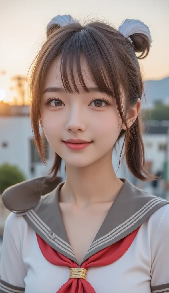 ((Nsfw:1.3)),(((((nipples:1.5))))),（両手で胸を寄せる:1.2）Highest quality, RAW photo, Ultra HD, 18-year-old Korean, beauty, big breasts:1.5, breast crack:1.5, healthy skin tone, fair and smooth skin, (hair bun, bow-shaped hair), ((Light brown silver hair)), beautiful eyes in various colors, thin lips, beautiful eyes with fine details, light pink blush, long eyelashes, beautiful double eyelids, eye shadow, The girl is a student, (((low cut, skinny, Unbuttoned School uniform, Sailor style uniform))), moderate leg thickness, focus on the legs, standing, shoot the whole body, emphasize cleavage , masterpiece, best quality, super detailed, face camera, super detailed, practical, distinctive, very detailed, sharp focus , (((full body shot, medium shot))), perfect face shape, perfect eyes with perfect symmetry, perfect plump lips, flexible female form, film, light, super detailed, super practical, masterpiece, atmospheric, high resolution, dynamic, dynamic studio lighting, (The girl in the (A small timber house nestled in a serene landscape, view of the sky. The house is warmly lit, with natural light filtering through the wooden slats. The composition frames the house with a vast, clear sky above, An abandoned boat on the shore, water inside the boat, reflecting the beautiful sky. Stunningly beautiful sunset sky landscape. Mount Fuji in the background, Atmospheric colorful photography) background), slightly leaning front with chest out, patient happy expression, straight bangs, blue eyes, nude, sexy Evoking expressions, (low cut, skinny, Unbuttoned School uniform), (sidelocks),  multicolored hair, gradient hair, two-tone hair