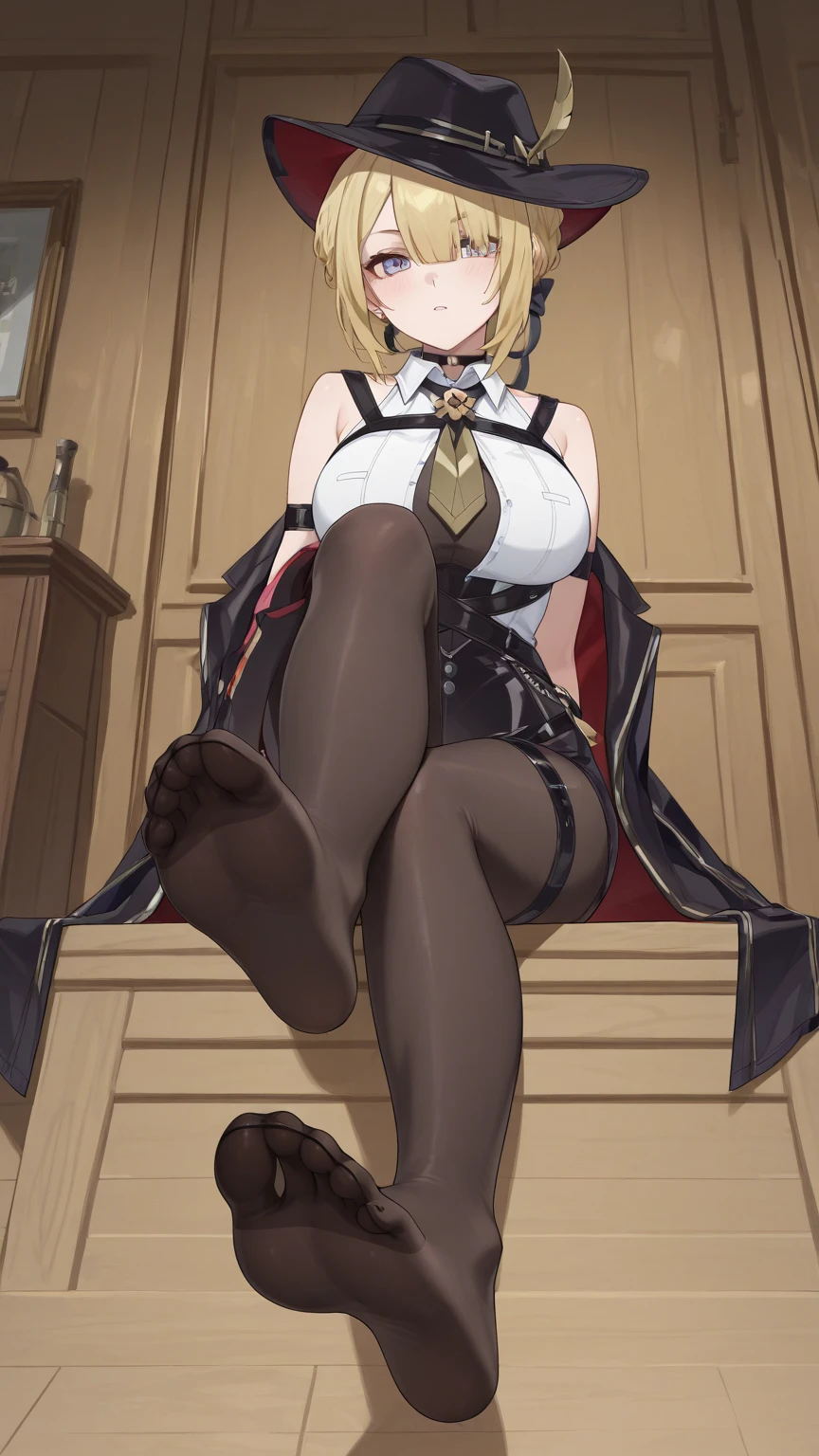 18 year old beautiful girl, Big eyes, , The whole body is visible,Small and thin,Beautiful feet, 8K, highest quality, (Highly detailed head), (Highly detailed face), (Very fine hair), British maid outfit,Brown lace-up riding boots,Shiny riding boots,Black tights,Highly detailed official artwork, Anime Moe Art Style, Beautiful detailed anime art, Glare, Golden Hair, Smooth long hair,Sit on a chair,Elevate your legs,I can see the soles of my shoes,From directly below,
