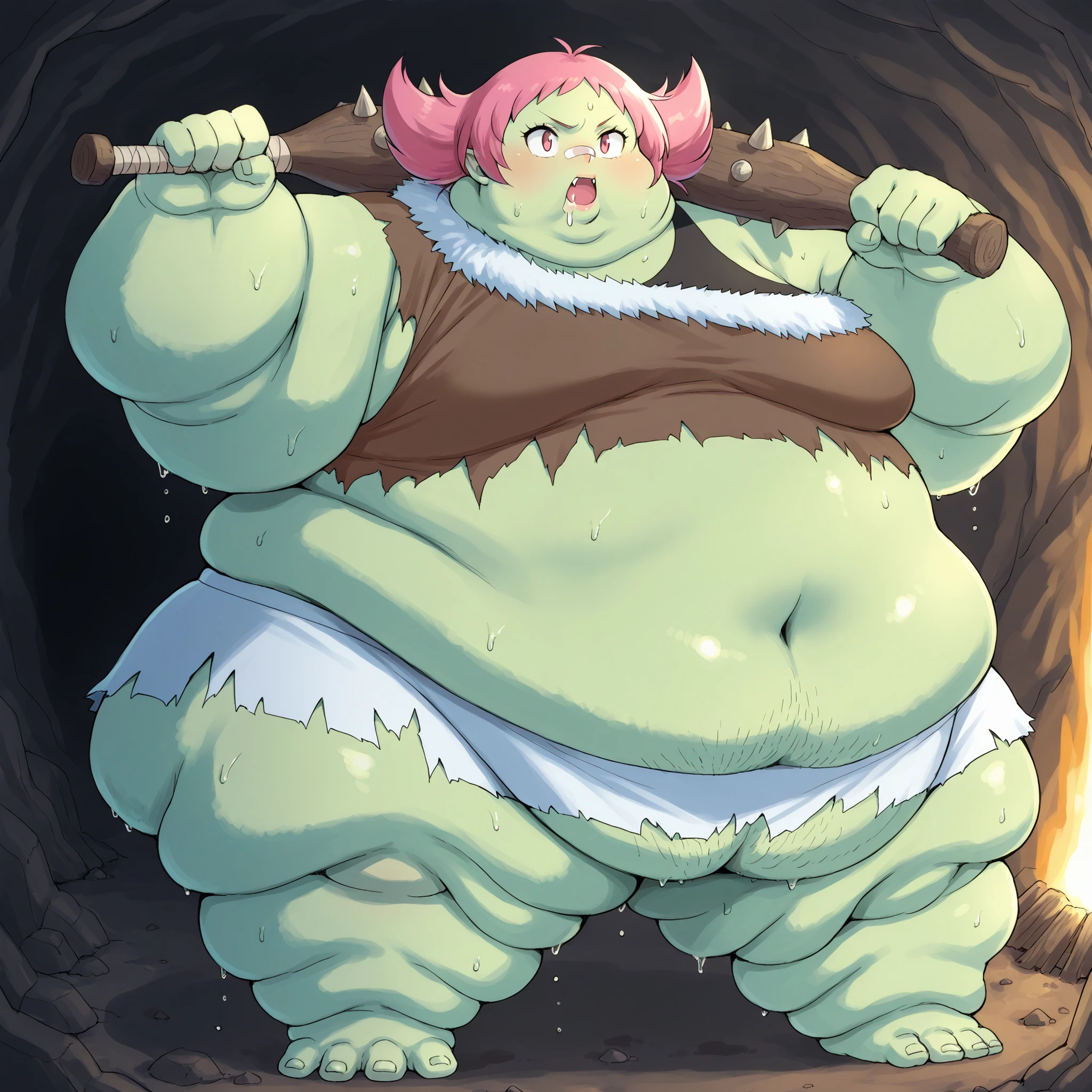 1girl, maylene (pokemon), pink eyes, pink hair, small breasts, short hair, eyelashes, pointy hair, Becoming a orc, monster, Orc, Female Orc, green skin, tusks, Orc, fangs, 1girl, fur, rags, brown crop top, fur trim crop top, single off shoulder, midriff, navel, brown miniskirt, fur trim miniskirt, blank_stare, empty_stare, fat, chubby, obese, gigantic arms and legs, large breasts, sweating, wet body, swollen face, Fat_neck , Fat head , eyes with crushed cheeks , nose with crushed cheeks , mouth with crushed cheeks , chin roll,
only head, large head, oversized limbs, large hands, large feet, oversized feet, oversized fingers, big lips, plump lips, fat face, fupa, big fupa, fat fupa, in a cave, open mouth, drooling, pubic hair, hairy, holding a club, holding a weapon, large breasts, fat, chubby, obese, fat neck, multiple chins, big breasts open mouth, out of breath, Larger female, full body shot, only head, large head, oversized limbs, large hands, large feet, oversized feet, oversized fingers, big lips, plump lips, fat face, fupa, big fupa, fat fupa, hunchback, torn clothes, ripped clothes