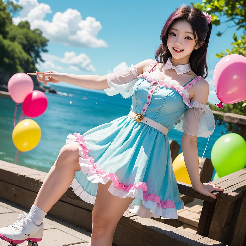 best quality, 8k, highly detailed face and skin texture, high resolution, huge tits japanese girl in colorfull dress stand in front of merry go round at night, under the light, full body, sharp focus