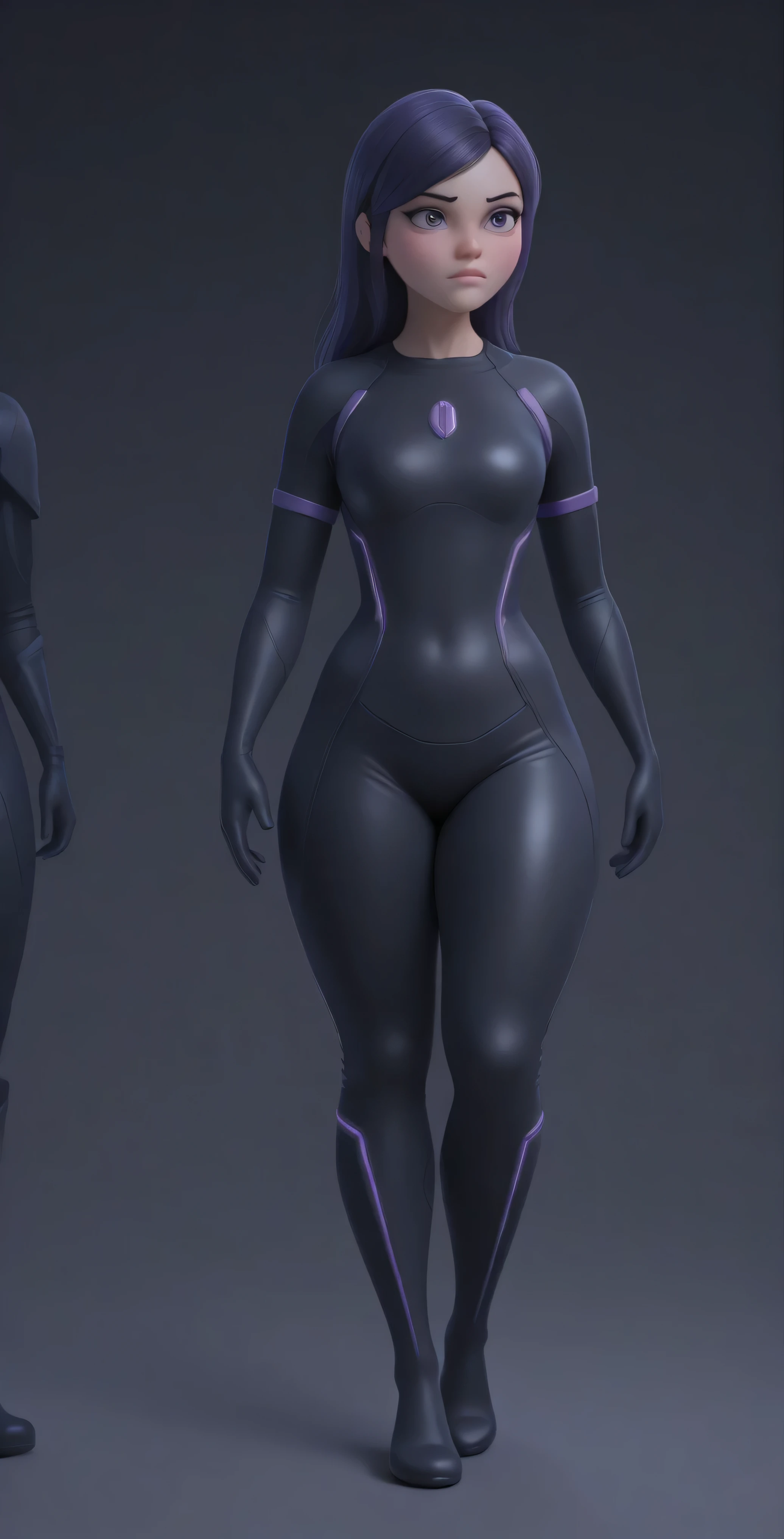 (the best quality: 1.4), (pretty face), Pair purple. Long dark purple hair with highlights, (purple eyes: 1.2) short height,  light smile. simple background. clear light. She wears a black latex bodysuit inspired by Tron Legacy, with bright purple neon lines. ((wide hip, wide thighs and legs)), looking away. Masterpiece. Higher quality. Photo RAW. ultra detailed. extreme attention to detail.  Anime desktop . dynamic shadows.  absurd . intricate details. High quality CG Unity 16K wallpaper. [Alone: 2.5]. [varied poses]