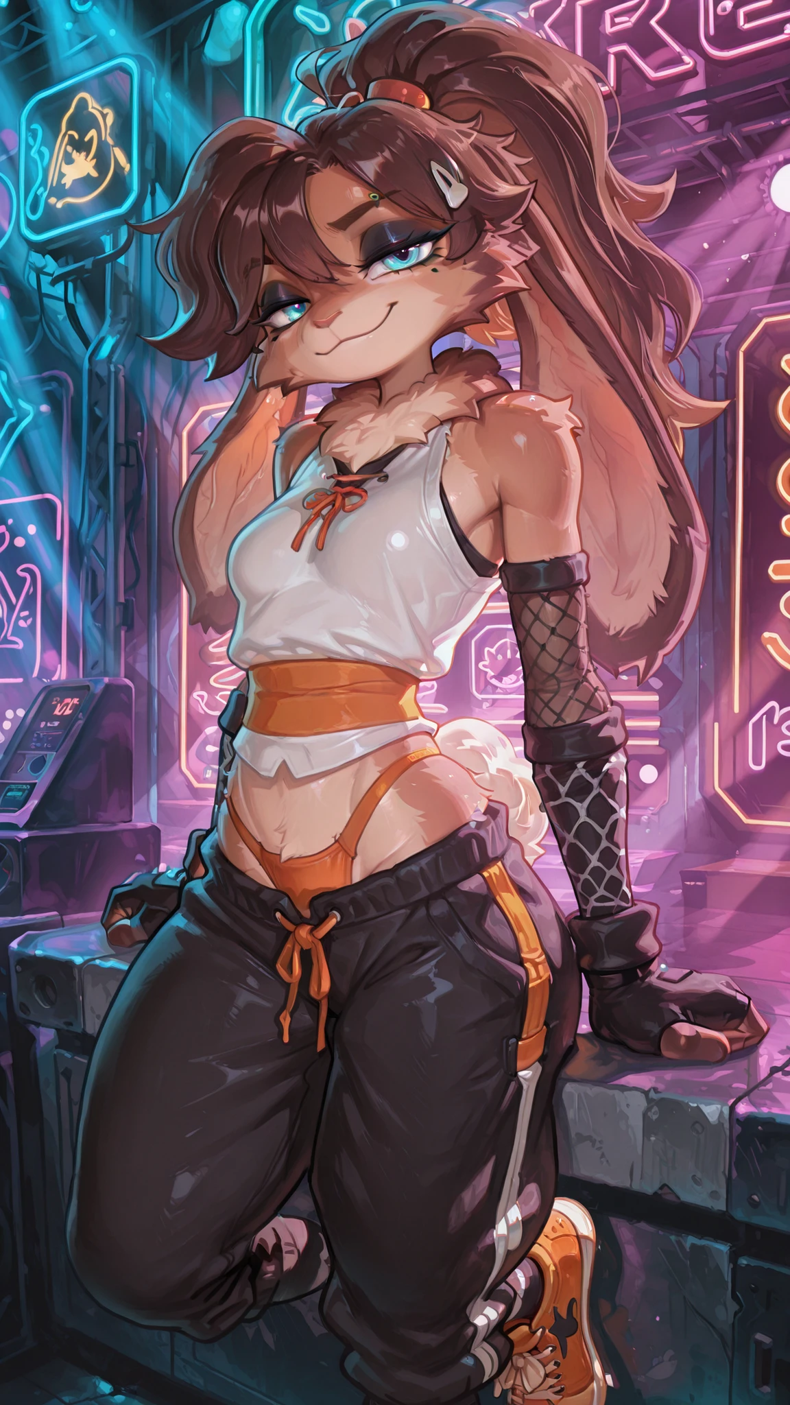 masterpiece, best quality, amazing quality, very aesthetic, high resolution, ultra-detailed, absurdres, newest, scenery, 1girl, svlop, rabbit, furry female, blue eyes, looking at the viewer, tail, small , thighs, , female focus, contrast lighting, side lighting, masterpiece, best quality, newest, absurdres, highres, amazing quality, very aesthetic, cute eyes, no lineart, cinematic, dynamic angle, solo, neon lights, neon ambience, ambient lighting, long hair, brown hair, ponytail, hair ornaments, body fur, white sleeveless shirt, black baggy pants, orange converse shoes, eyebrow piercing, black eyeshadow, half-closed eyes, bored face, uninterested face, smug smile, fishnet armwear, black fingerless gloves, black wristbands, orange_thong_straps, nightclub setting