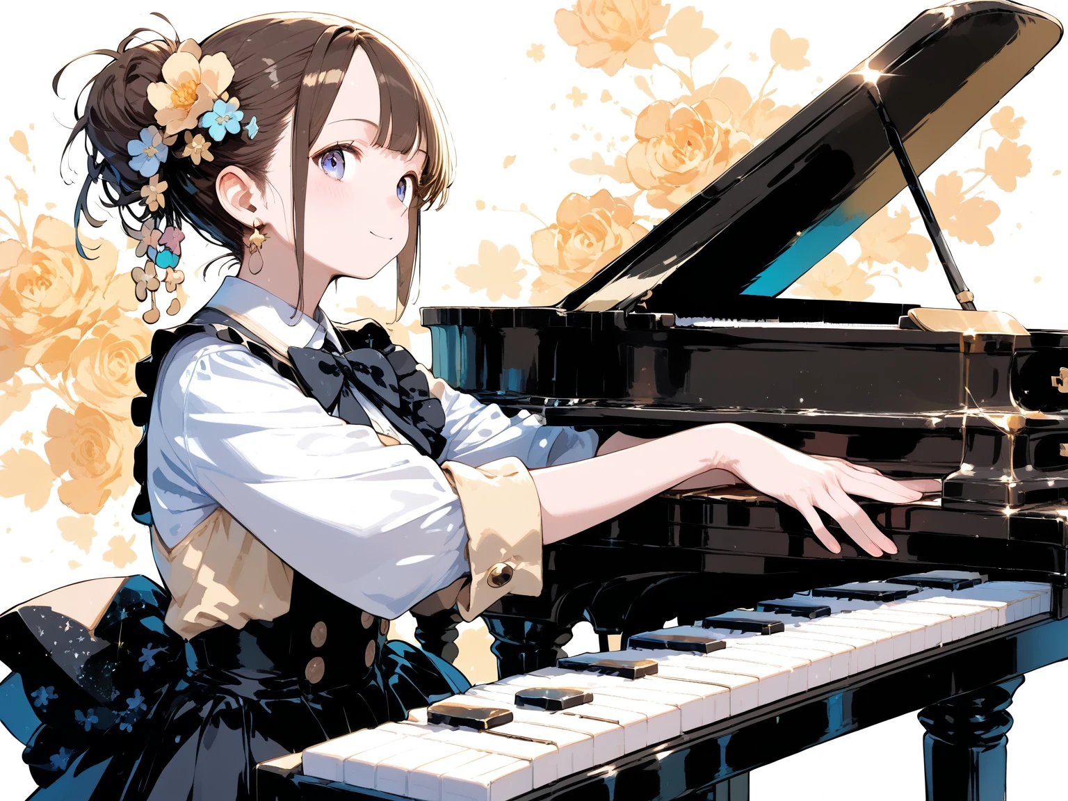 (masterpiece, Highest quality)、live house、かわいい女の子のkeyboard奏者、Dark Eyes、Gorgeous lighting、Tight 、Black Hair、Japanese women、keyboard、pianist、keyboard奏者、