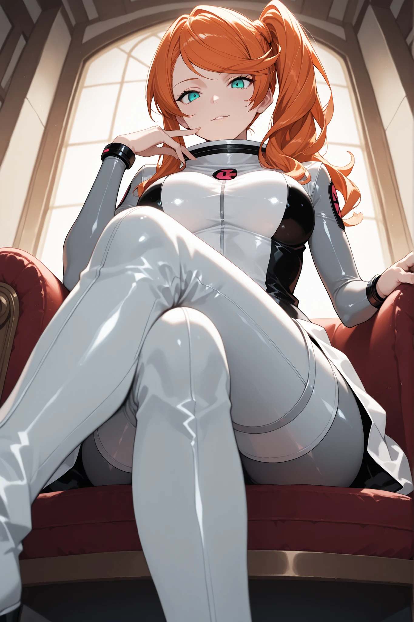 alone, solo, pokemonsonia, aqua eyes, long hair, long sleeves, orange hair, side ponytail, swept bangs, score_9, score_8_up, score_7_up, score_6_up, source_anime, anime, masterpiece, best quality, black and white dress, two-tone dress, grey bodysuit, bodysuit under clothes, grey pants, white boots, white thigh boots, femdom, seductive, evil, inside, view from below, sitting, crossed legs