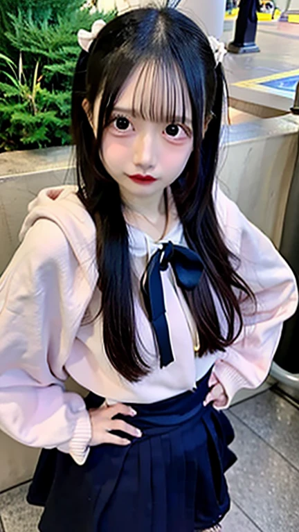 Japanese boy with medium long hair wearing Hello Kitty skirt 