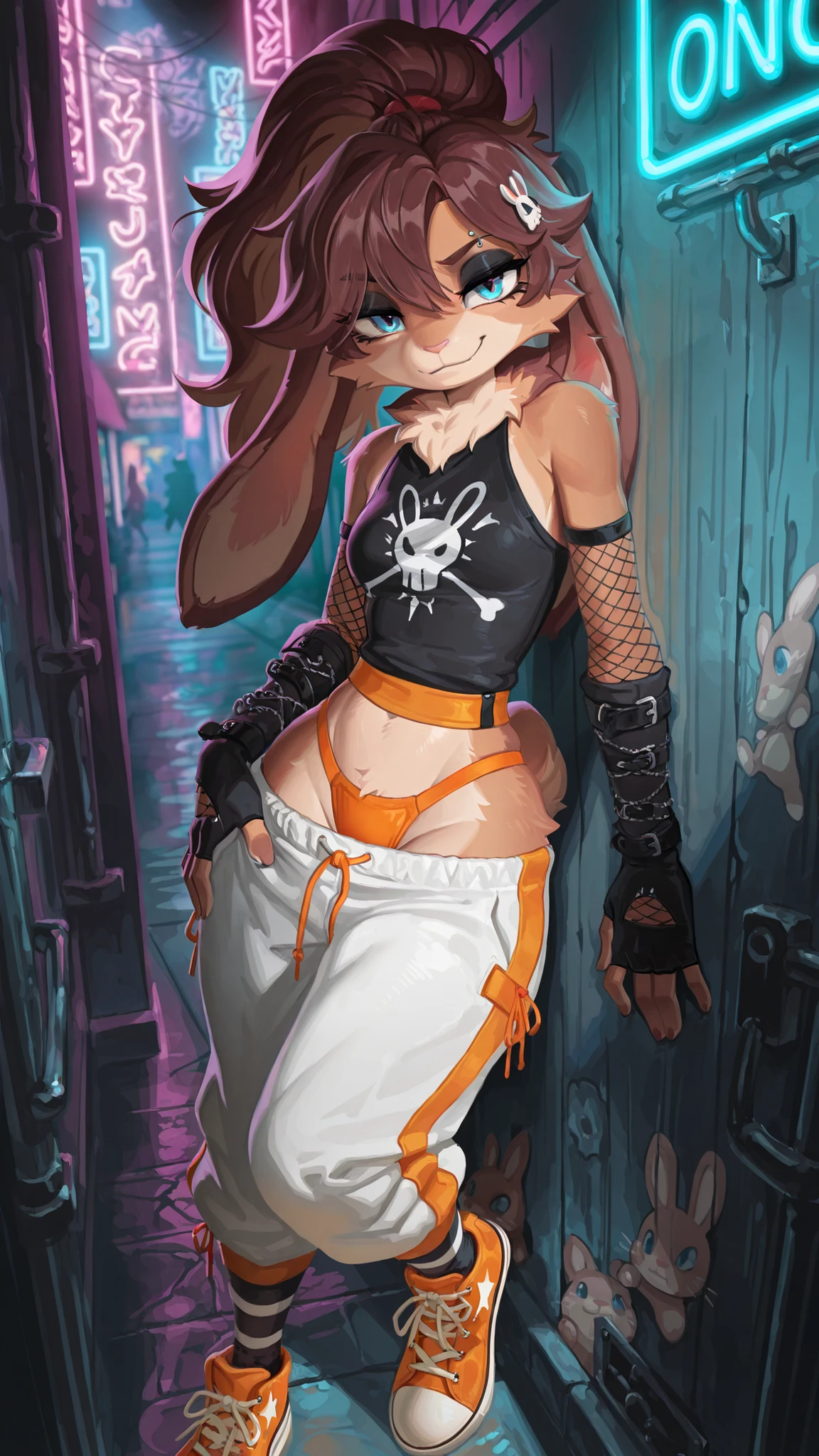 masterpiece, best quality, amazing quality, very aesthetic, high resolution, ultra-detailed, absurdres, newest, scenery, 1girl, svlop, rabbit, furry female, blue eyes, looking at the viewer, tail, small , thighs, , female focus, contrast lighting, side lighting, masterpiece, best quality, newest, absurdres, highres, amazing quality, very aesthetic, cute eyes, no lineart, cinematic, dynamic angle, solo, neon lights, neon ambience, ambient lighting, long hair, brown hair, ponytail, hair ornaments, body fur, black sleeveless shirt, white baggy pants, orange converse shoes, eyebrow piercing, black eyeshadow, half-closed eyes, bored face, uninterested face, smug smile, fishnet armwear, black fingerless gloves, black wristbands, orange_thong_straps, nightclub setting, emo, goth_fashion, alternative_fashion, scene_fashion, leaning back to wall