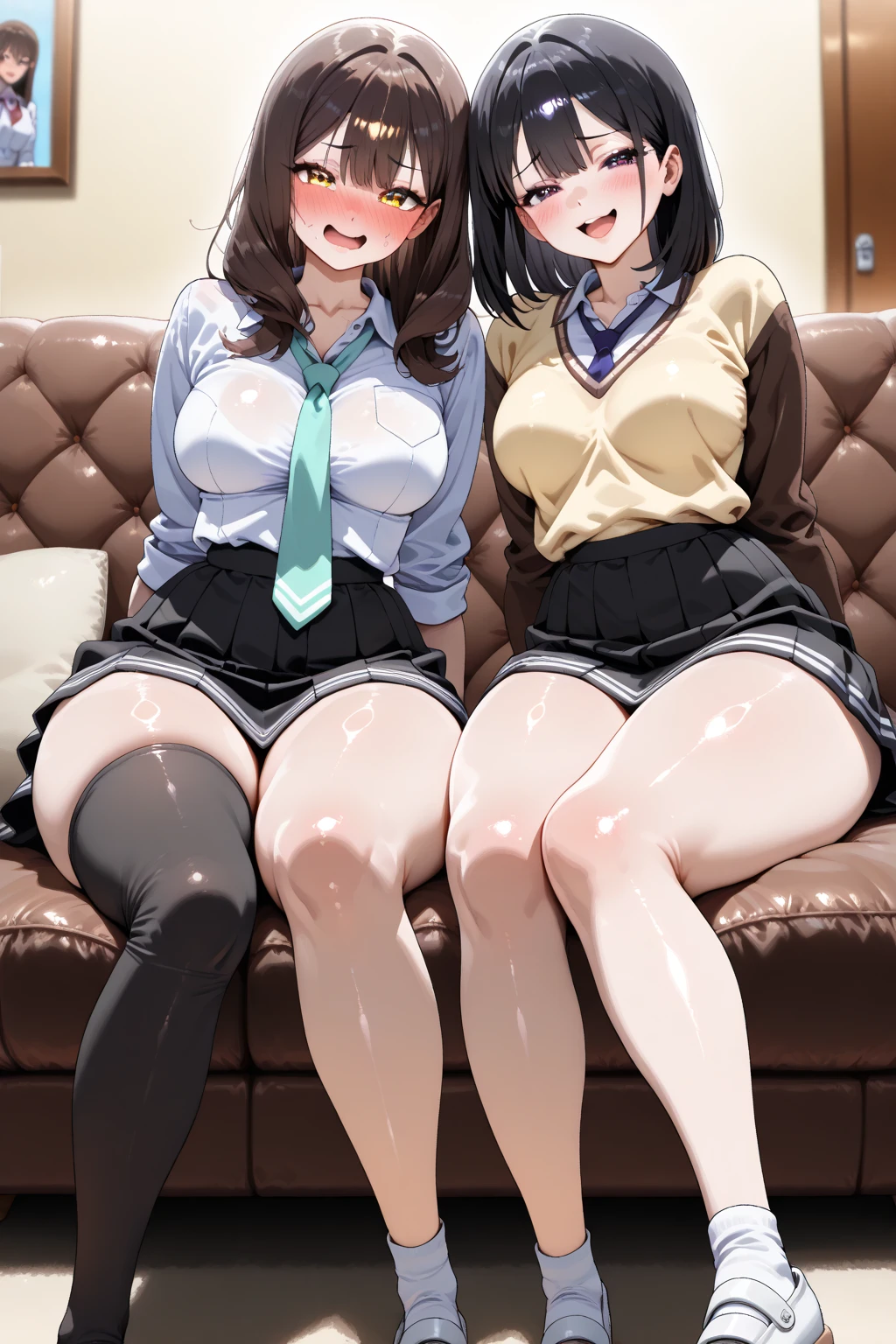 2 high school girls，two girls，lesbian，brown or black hair,face turns red，hug，close both eyes， rub each other's ???????，I'm shy，hug，black lenth stockings，The light is dim，bedridden，My face is very red，saliva is dripping,mouth wide open,extremely shy，???????????，sitting on each other's laps，reach for someone's clothes，untie the strings of your clothes，barefoot masterpiece, Smelling each other's soles,Stuffy soles,highest quality, , skirt, white panties under skirt, focus on feet, extreme back arch, big ???, defined ????, school classroom, doing splits on the desk, noticeable ???? crack, looking at the viewer, without shoes,  uniform, (students looking at her:1.3), fascinating, fascinating expression, white thigh high socks, non-transparent socks, Huge , ((cleavage)), Huge boob cleavage,Smelling each other's soles,