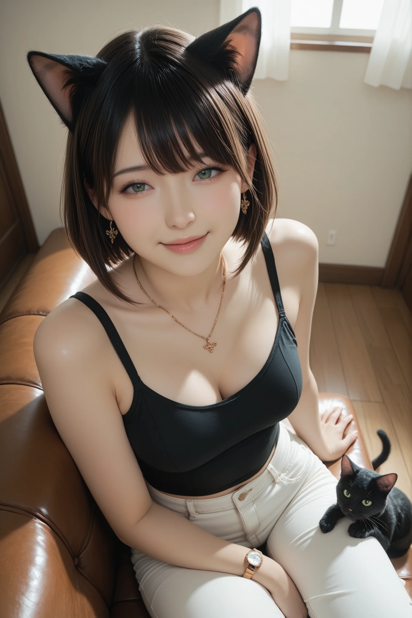 (masterpiece:1.3), (8k:1.3), (best quality:1.3), (ultra-detailed:1.3), very aesthetic, detailed background, high-resolution rendering. 

gothic-influenced catgirl, cute face, decadent expression, graceful proportioned, soft feminine curves, softly porcelain-like skin, (chestnut-brown bob hair with silky smooth lighter tips), almond-shaped beautiful green eyes, barely there eyebrows, delicate gloss lips, cat ears matching hair color. 

She wears a light-weight ivory cotton tee, soft fitted along her frame, 
its surface catching the warm beam with a gentle, effortless sheen.
She pairs it with distressed white jeans.
She wears delicate gold accessories — earrings, a fine necklace,  
and a subtle Cartier watch — each catching the interior light in quiet glimmers,
an understated look that suits her quiet, decadent grace.

Soft daylight fills the room, a subtle spotlight accentuates her figure and outfit, bringing out the fine mohair fibers.

She sits on the armrest, one knee bent, her posture relaxed yet attentive.
A black cat rises to her thigh, paws resting against her leg.
Her half-lidded eyes fall softly glances the cat, her smile serene.

Inside her soft illuminated private room, modern-french style, with a settee.

floor level angle, medium full shot, gentle focus on her presence, shallow depth of field, softly blurred background.