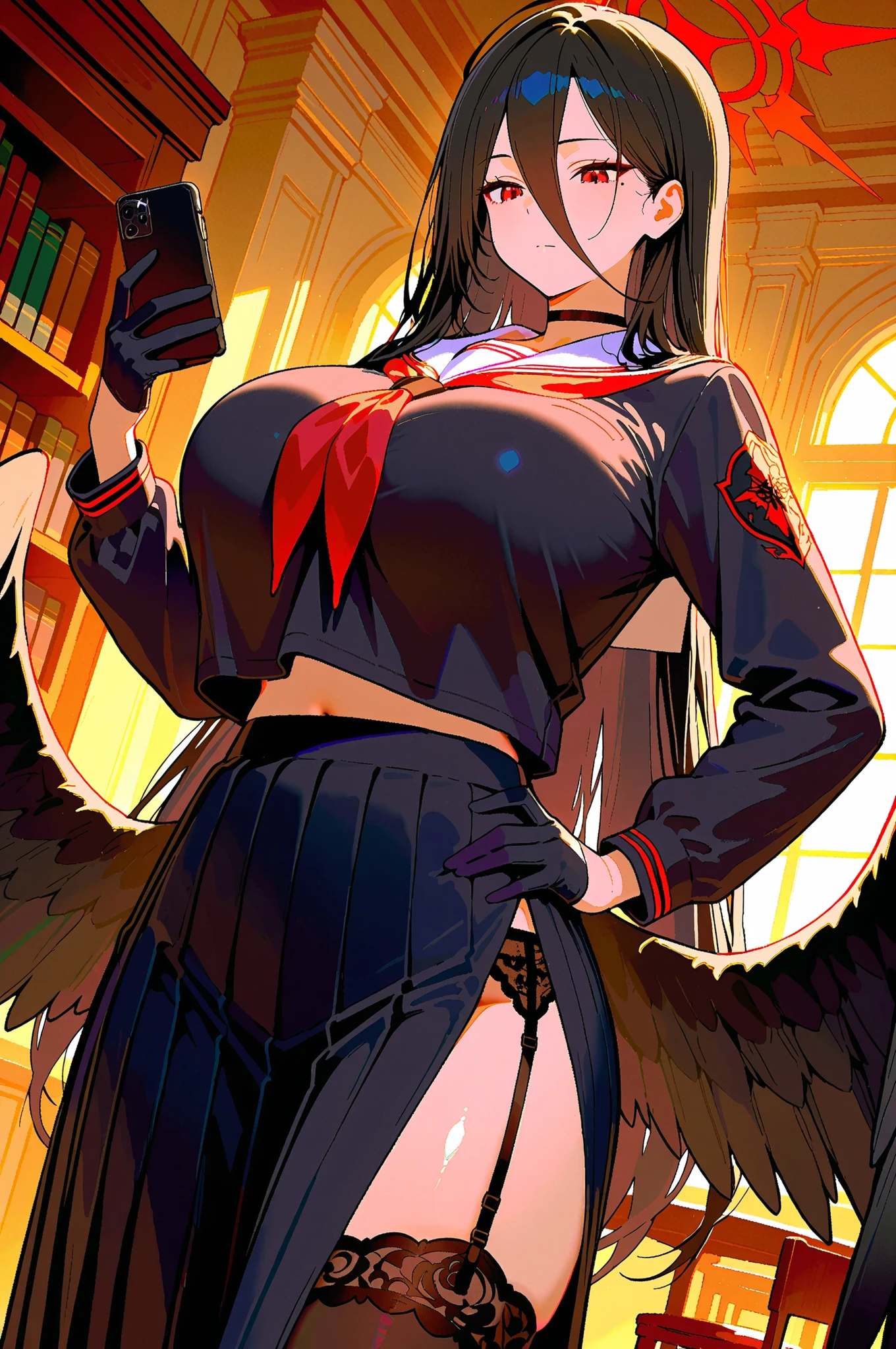 masterpiece, best quality, 1girl, solo, hsmhnkw, huge breasts, red halo, low wings, large wings, black wings, black hair, very long hair, , indoors, library, bookshelf, holding phone, looking at phone, looking down, smartphone, mole under eye, red eyes, hair between eyes, black choker, white sailor collar, black serafuku, long sleeves, midriff peek, black skirt, pleated skirt, red neckerchief, long skirt, side slit, black garter belt, black thighhighs, lace-trimmed thighhighs, half gloves, black gloves, table, chair, window, cowboy shot, standing, dutch angle, hand on own hip, arm at side, closed mouth