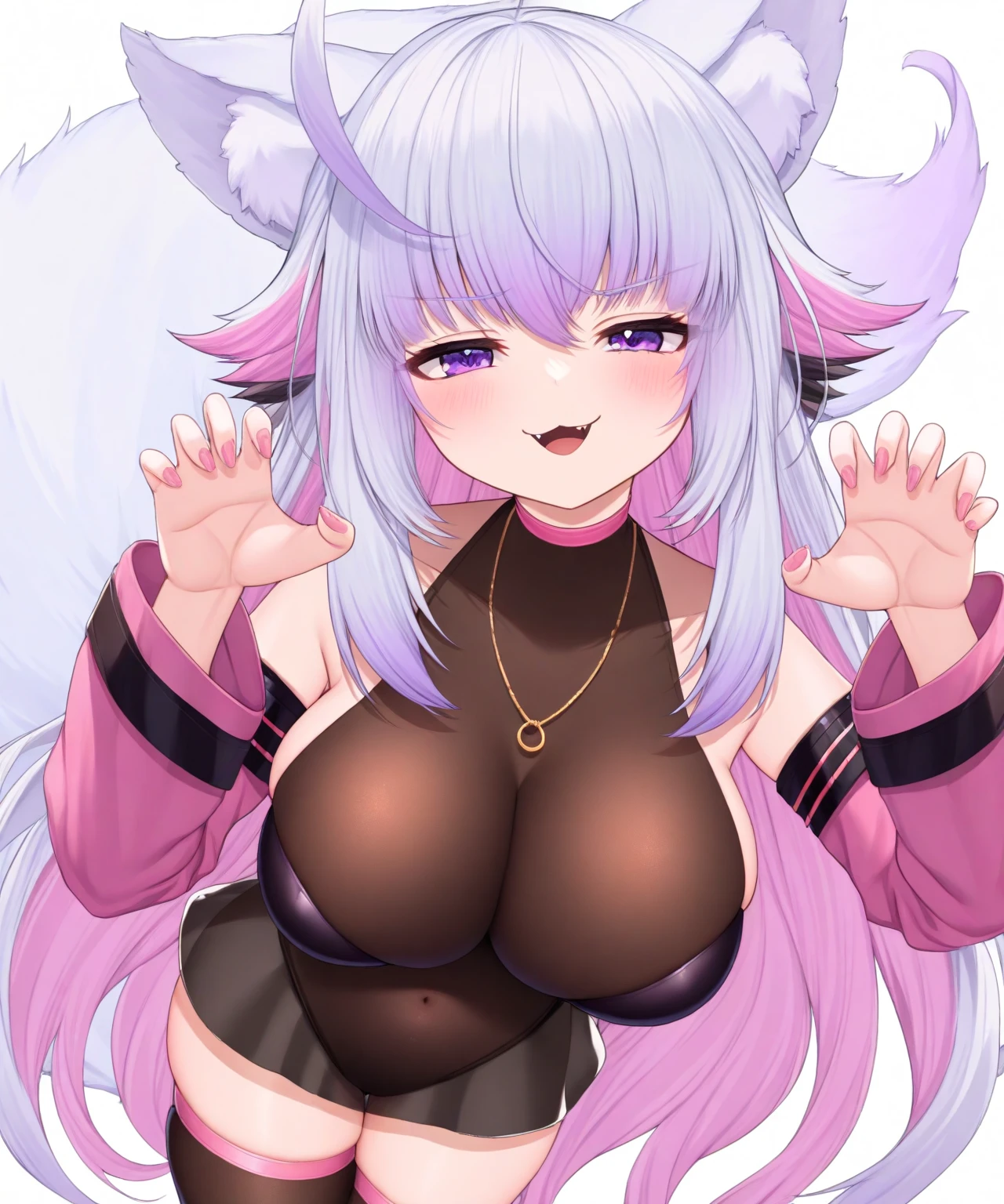 masterpiece, best quality, absurdres, detailed background, uncensored, 
dramatic lighting, rim lights, backlighting, bloom, white background, 
BREAK
1girl, solo, heterochromia, blue eyes, pink eyes, white pupils, white hair, ([blue hair | light blue hair]:0.75), (multicolored hair:0.75), messy hair, long hair, bangs, hair between eyes, ahoge, [dog ears | fox ears], dog girl, dog tail, animal ear fluff, skin fang, 
fang, blush, open mouth, happy, 
(plump:0.5), collarbone, wide hips, medium breasts, spiked collar, 
nude, nipples, 
hand on own stomach, contrapposto, 
looking at viewer, upper body, close-up, 
<lora:Ppolar-P3v1-NbVp10:1>,