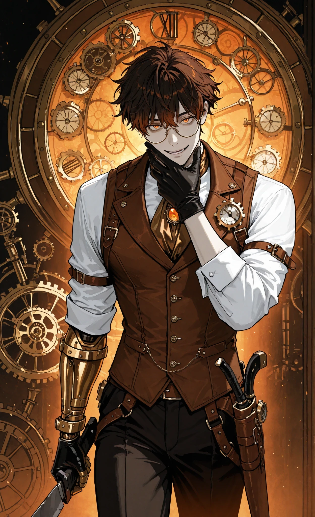 masterpiece, best quality, ultra-detailed:1.3, steampunk aesthetic, semi-realistic anime style, 1male, solo, light skin, positioned center-right, black backdrop with large cogwheel design, wearing white dress shirt, brown leather vest with intricate clockwork details, dark pants, copper ascot, wrist-worn gloves and accessories, messy dark hair, round glasses, second hand cybernetic arm:1.3,points a machete at the viewer, second hand on the face, crazy look, machete in hand:1.3, warm color palette with browns, copper, and orange, focused lighting, dynamic mysterious atmosphere