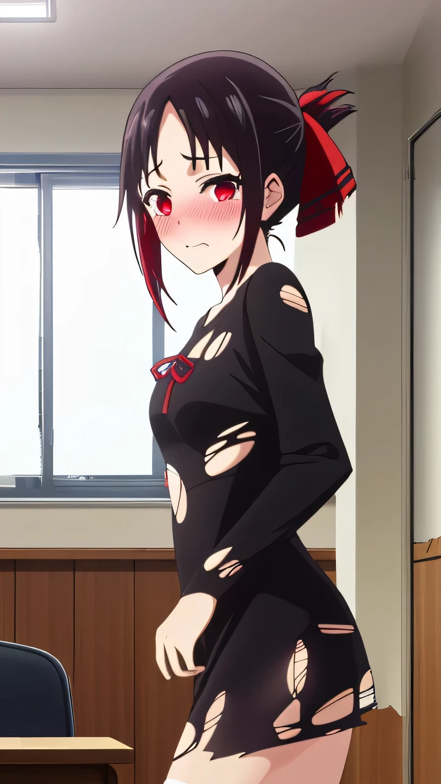 (best quality, masterpiece, 8k:1.2), anime, detailed,
Shinomiya Kaguya,1girl, solo, (black hair:1.2), side Lock, red eyes, short hair, folded ponytail, red hair ribbon, eye light, (small ), ((torn dress:1.4), (torn black dress:1.4), long sleeve, Shuchiin Academy, Room, Student Council Room), (blushing:1.3),
Definition CG Unity, Perfect lit, bright_front_face_lit, Super detailed, photograph, 8K, nffsw, High resolution, (absurd:1.2), kodak portrait 400, film grain, Lens flare, (lively_color:1.2),
looking at the viewer, (cowboy shot:1.2), dynamic angle,
