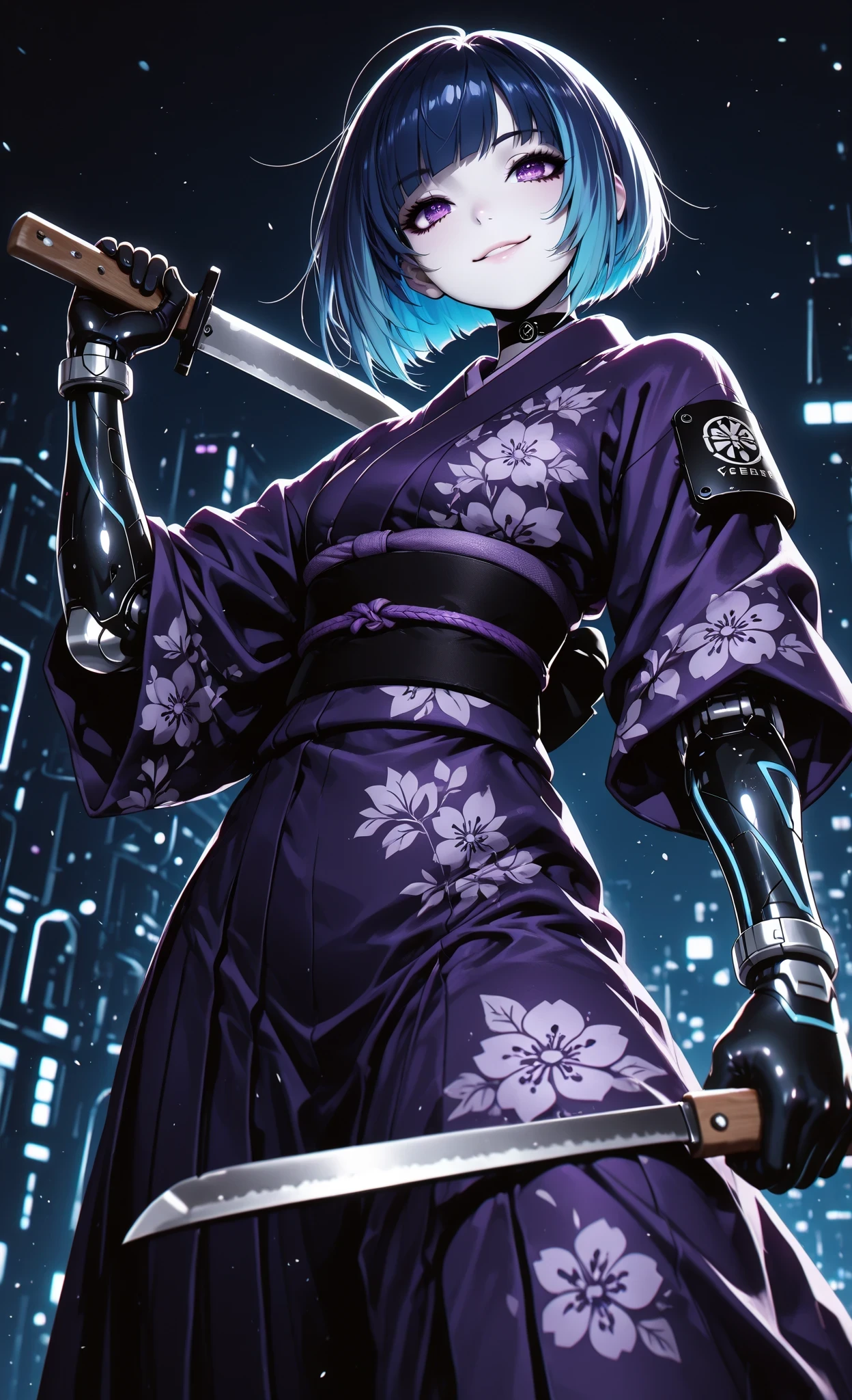 masterpiece, best quality, ultra-detailed:1.3, anime style, 1girl, pale skin, bob haircut with blue hair and turquoise highlights, purple eyes, wearing purple kimono with black obi, (cybernetic arms:1.3), holding machete in dynamic combat pose, cunning expression, sly smile, large cybernetic panther leaping beside her, dark blue background, strong lighting, high contrast, digital art, stylized details, dramatic low angle perspective, dutch angle, motion blur, intense mysterious atmosphere