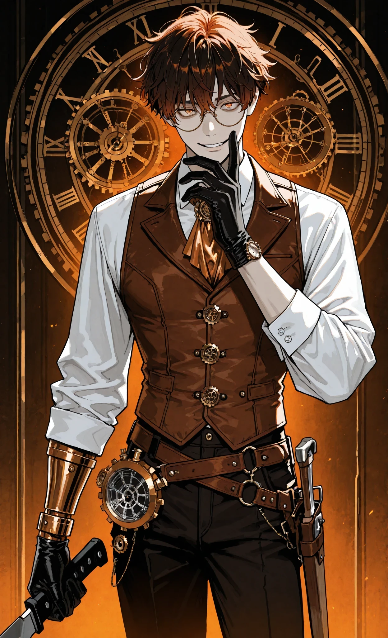 masterpiece, best quality, ultra-detailed:1.3, steampunk aesthetic, semi-realistic anime style, 1male, solo, light skin, positioned center-right, black backdrop with large cogwheel design, wearing white dress shirt, brown leather vest with intricate clockwork details, dark pants, copper ascot, wrist-worn gloves and accessories, messy dark hair, round glasses, second hand cybernetic arm:1.3,points a machete at the viewer, second hand on the face, crazy look, machete in hand:1.3, warm color palette with browns, copper, and orange, focused lighting, dynamic mysterious atmosphere