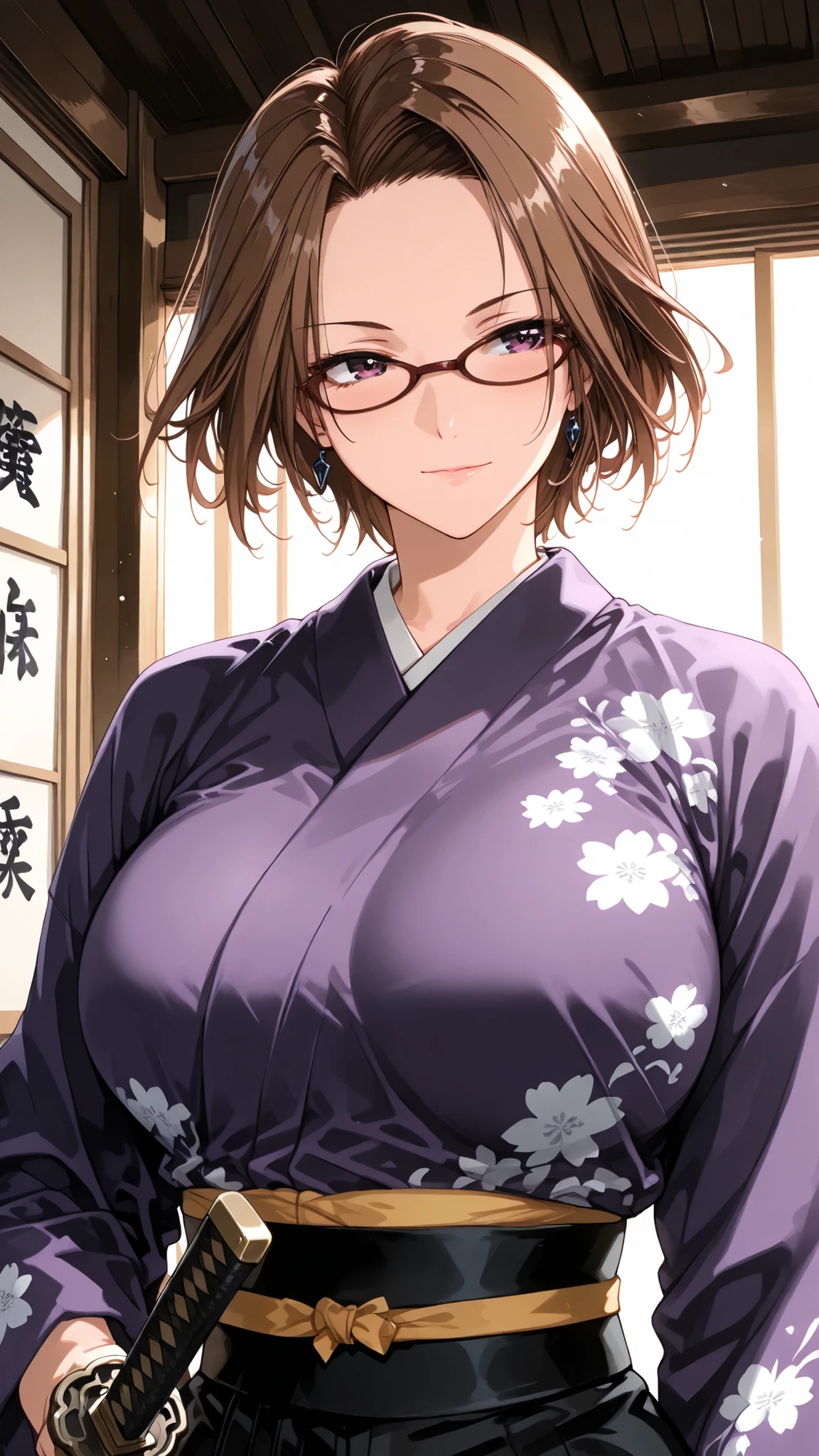 solo, sideview, tomoe (accelerando), purple eyes, brown hair, short hair, glasses, mature woman, Tight waist、Small waist、shiny Skin , (upper body), sexy, (adult woman, 25+), score_9, score_8_up, score_7_up, source_anime,(extremely detailed CG), (best quality), A female samurai warrior, gripping a razor‑sharp katana, traditional yet stylish kimono armor, confident battle stance, flowing hair, intense gaze, cinematic lighting, highly detailed, anime style illustration、Huge breasts, Extra thin waist