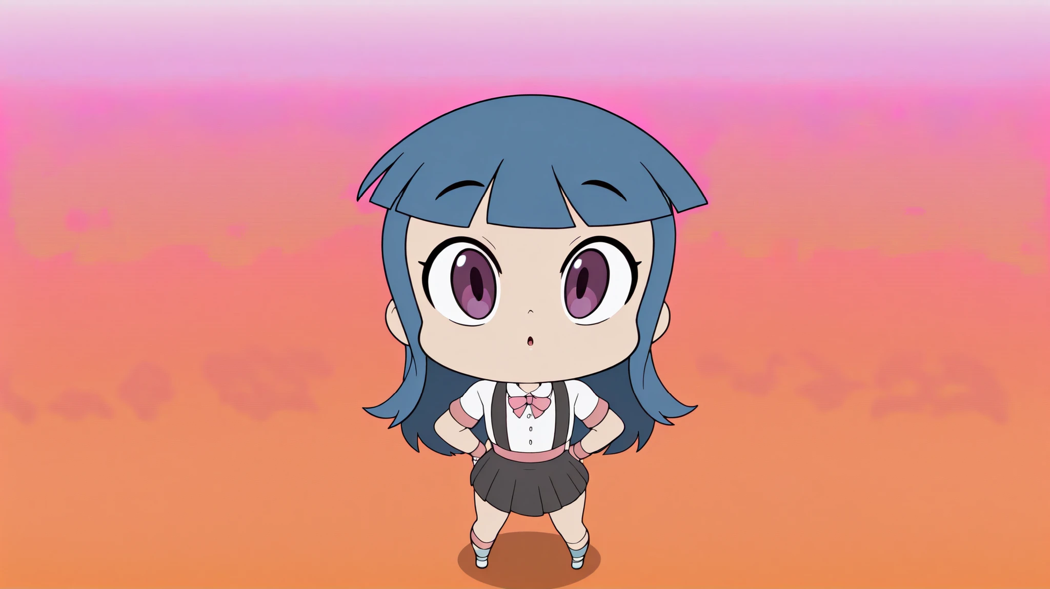 1girl, solo, a_ey, bangs, elastic band, higurashimei, furude rika, blue hair, purple eyes, long hair, ((flat_chest)), bow, skirt, shirt, suspenders, short sleeves, pleated skirt, white shirt, pink bow, facing viewer, suspender skirt, school uniform, black skirt, collared shirt, bowtie, dress shirt, | detailed, masterpiece, full body, diives,