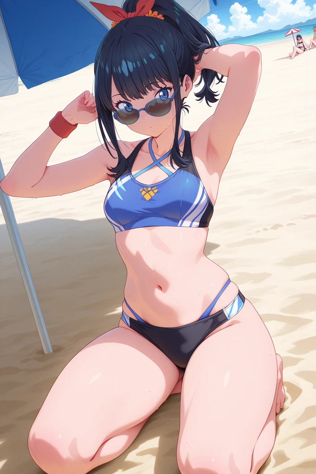 score_9, score_8_up, score_7_up, source_anime, 1girl, prefect lighting, very aesthetic, intricate details, highly detailed background, masterpiece, high quality, prefect hands, best quality, solo,
<lora:Zhu_Yuan_ZZZ_V1:.85>, KJOzhu, high ponytail, streaked hair, dark hair, red eyes, streaked hair, thick thighs, 
white bikini, sunglasses,
sitting, one knee up, beach umbrella, beachball, seductive smile, blush, looking at viewer, open mouth, smug, head tilt, 
beach, water, mountain, 
(Beautiful, medium Breasts:1.2), natural breasts,