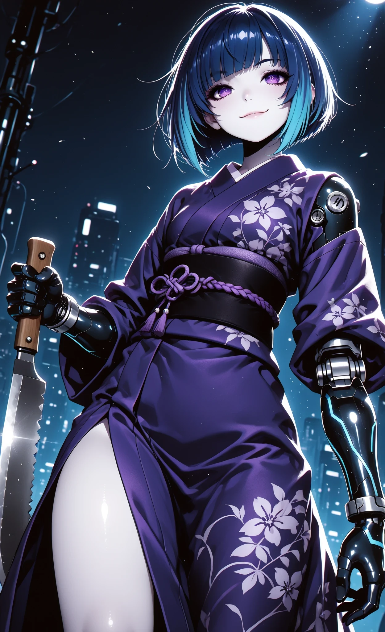masterpiece, best quality, ultra-detailed:1.3, anime style, 1girl, pale skin, bob haircut with blue hair and turquoise highlights, purple eyes, wearing purple kimono with black obi, (cybernetic arms:1.3), holding machete in dynamic combat pose, cunning expression, sly smile, large cybernetic panther leaping beside her, dark blue background, strong lighting, high contrast, digital art, stylized details, dramatic low angle perspective, dutch angle, motion blur, intense mysterious atmosphere