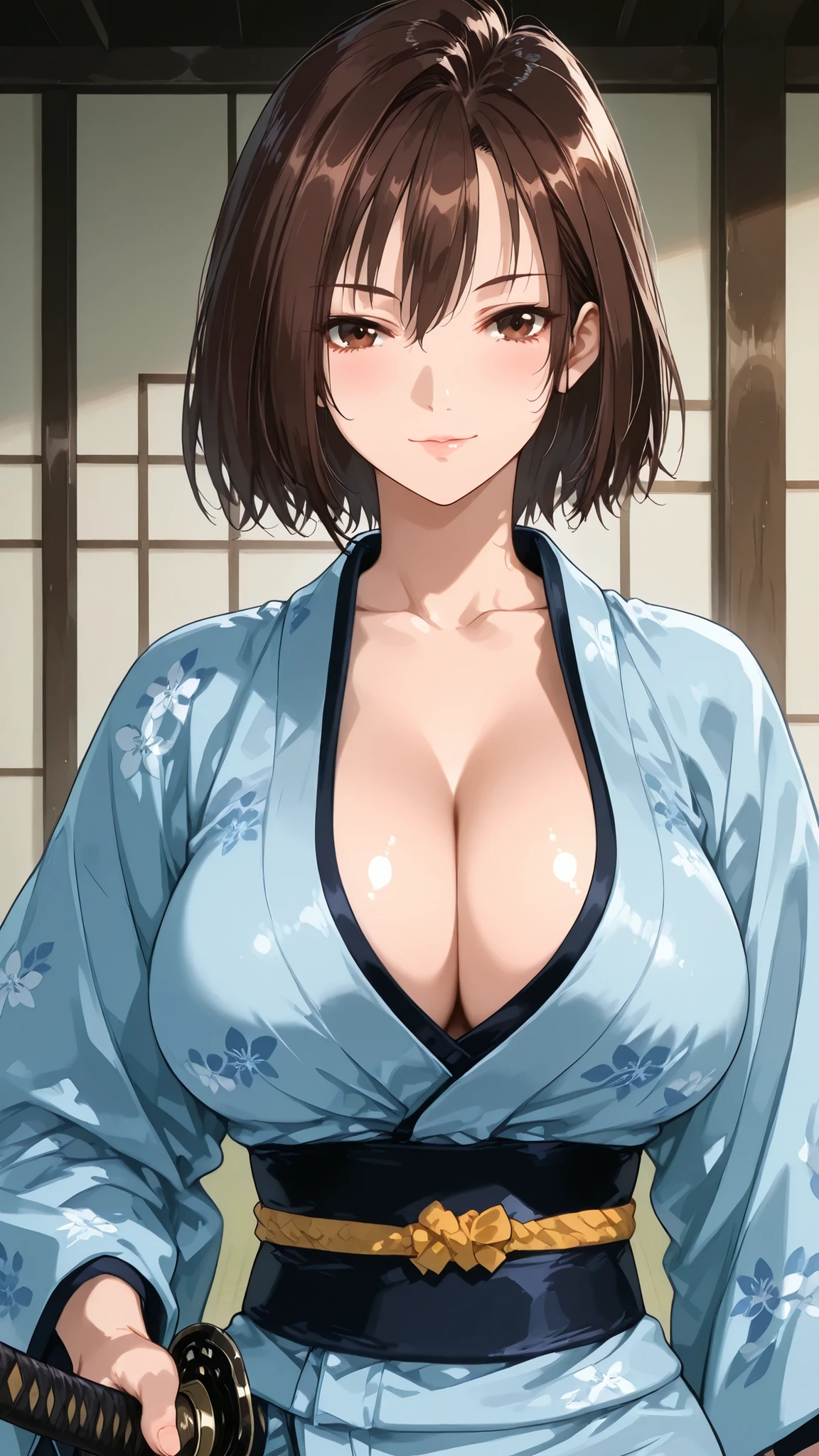 solo, Mizuho, brown hair, short hair, brown eyes, medium breast, mature woman, Tight waist、Small waist、shiny Skin , (upper body), sexy, score_9, score_8_up, score_7_up, source_anime,(extremely detailed CG), (best quality), (adult woman, 25+), A female samurai warrior, gripping a razor‑sharp katana, traditional yet stylish kimono armor, confident battle stance, flowing hair, intense gaze, cinematic lighting, highly detailed, anime style illustration、Huge breasts, Extra thin waist
