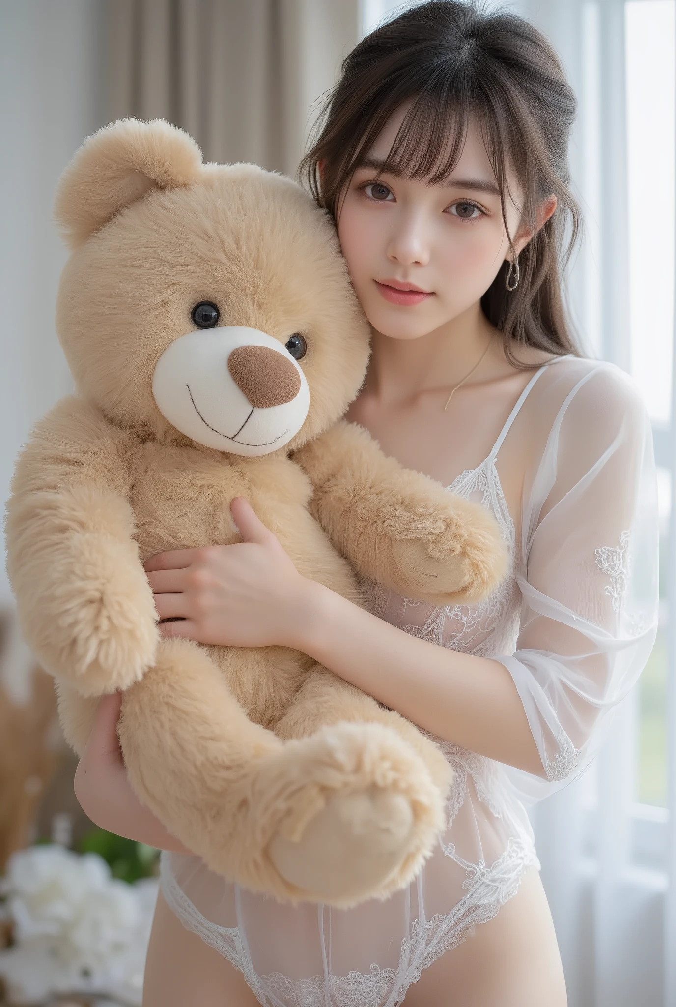 (best quality:1.5), (masterpiece:1.5), very detailed, high resolution, (Perfect Details) , (Realistic), cute Japanese woman, 24 year old , beauty woman, Cute smile, necklace, earrings, half-up hair, (Slightly small breasts), thin lips, detailed face, Beautiful and elegant face, cute face, natural bangs, arched eyebrows, well-groomed eyebrows, cute eyes, beautiful eyes, beautiful thin nose, (beautiful skin), (natural bangs), (Round and cute face:1.2), beautiful cleavage, (see-through lace dress), (standing:2), Model pose), (wearing a one-piece dress with a micro miniskirt), Slender body, beautiful figure like a model, (Cute smile), (cute pose), Morning, living room, Cuddling a big teddy bear, hugging a big teddy bear, ((Sheer panties with lace)),