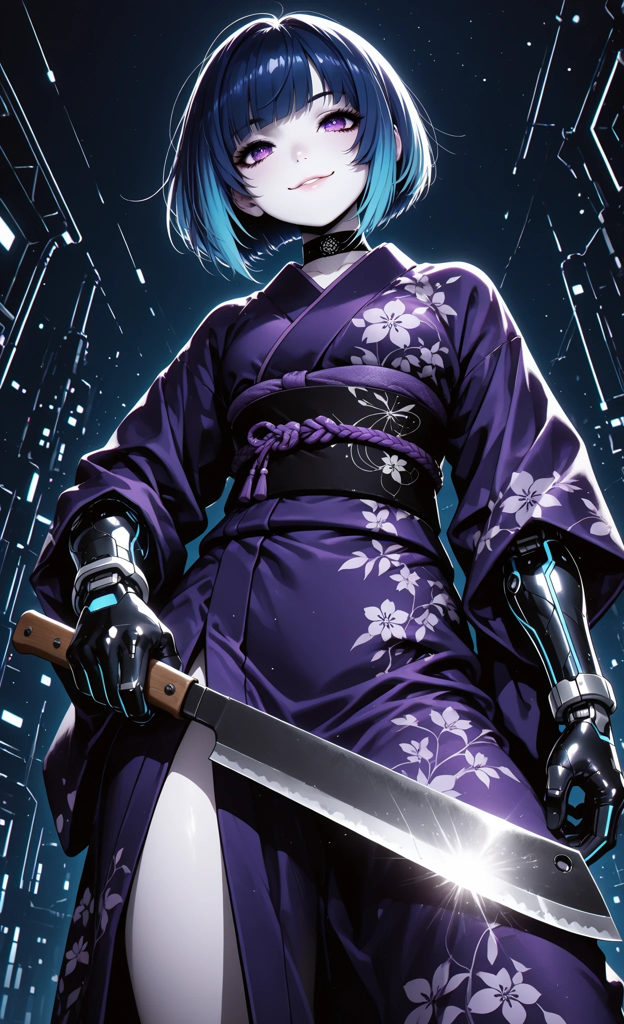 masterpiece, best quality, ultra-detailed:1.3, anime style, 1girl, pale skin, bob haircut with blue hair and turquoise highlights, purple eyes, wearing purple kimono with black obi, (cybernetic arms:1.3), holding machete in dynamic combat pose, cunning expression, sly smile, large cybernetic panther leaping beside her, dark blue background, strong lighting, high contrast, digital art, stylized details, dramatic low angle perspective, dutch angle, motion blur, intense mysterious atmosphere