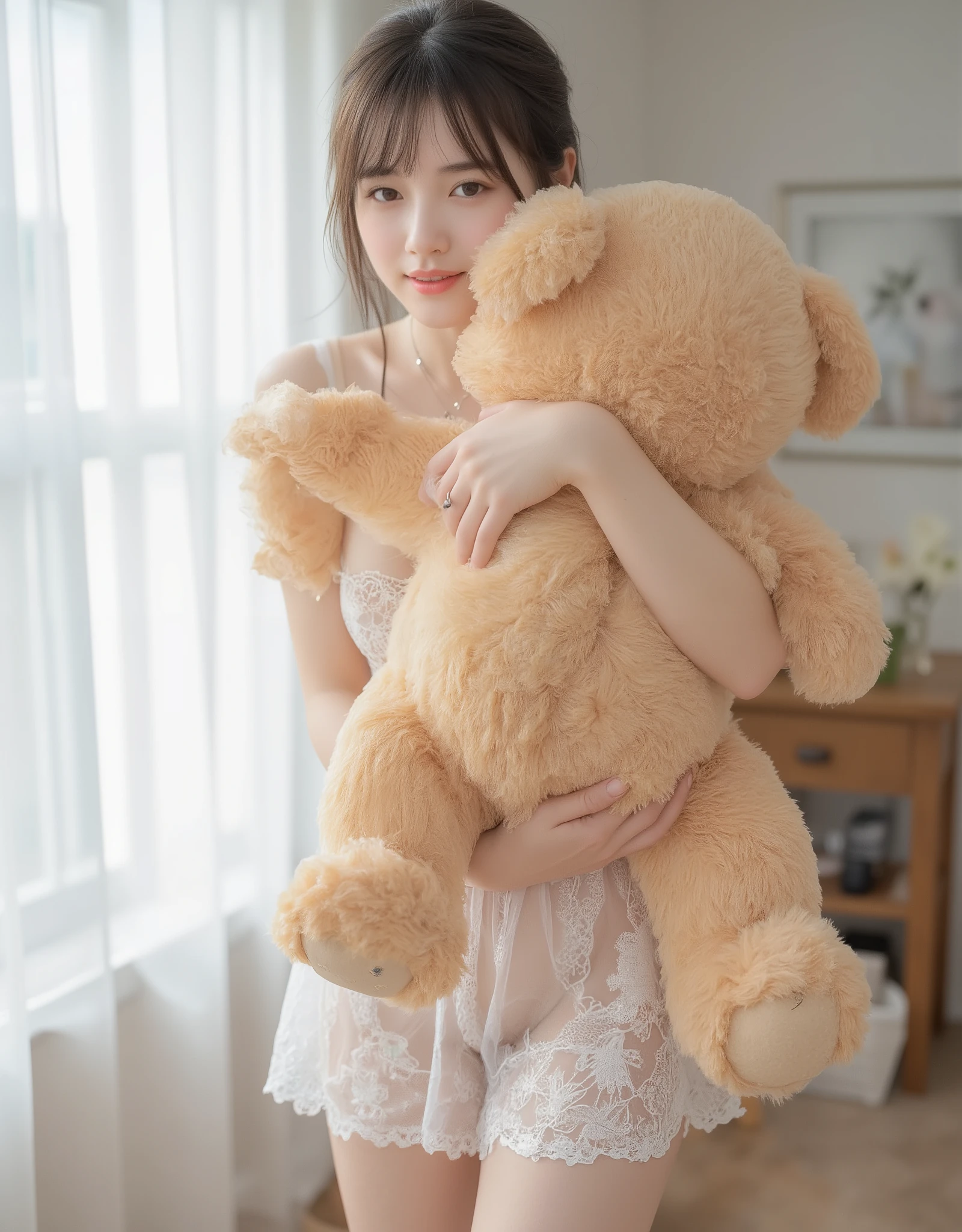 (best quality:1.5), (masterpiece:1.5), very detailed, high resolution, (Perfect Details) , (Realistic), cute Japanese woman, 24 year old , beauty woman, Cute smile, necklace, earrings, half-up hair, (Slightly small breasts), thin lips, detailed face, Beautiful and elegant face, cute face, natural bangs, arched eyebrows, well-groomed eyebrows, cute eyes, beautiful eyes, beautiful thin nose, (beautiful skin), (natural bangs), (Round and cute face:1.2), beautiful cleavage, (see-through lace dress), (standing:2), Model pose), (wearing a one-piece dress with a micro miniskirt), Slender body, beautiful figure like a model,　(Cute smile), (cute pose), Morning, living room, Cuddling a big teddy bear, hugging a big teddy bear, ((Sheer panties with lace)),
