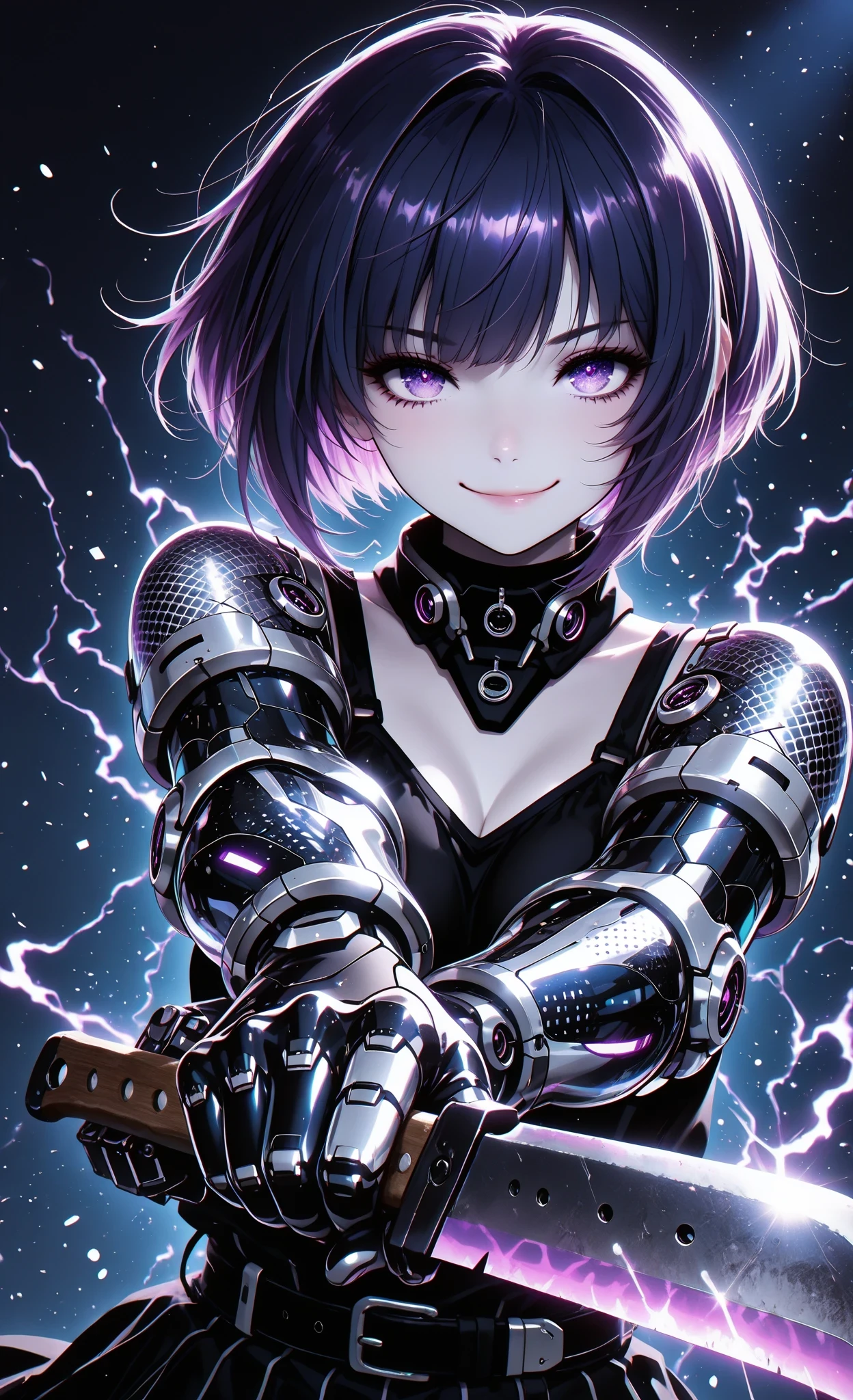 masterpiece, best quality, ultra-detailed:1.3, anime style, 1girl, short bob haircut (shorter in back, longer in front), pale skin, purple eyes, wearing elaborate dark-blue and black outfit with silver patterns, (cybernetic arms:1.3), pointing machete at viewer, cunning smile, slightly mad gaze, three-quarters view, dark blue background, purple ethereal energy, dramatic lighting, stylistic semi-realistic, extreme foreshortening, machete in foreground, hand and blade dominating composition
