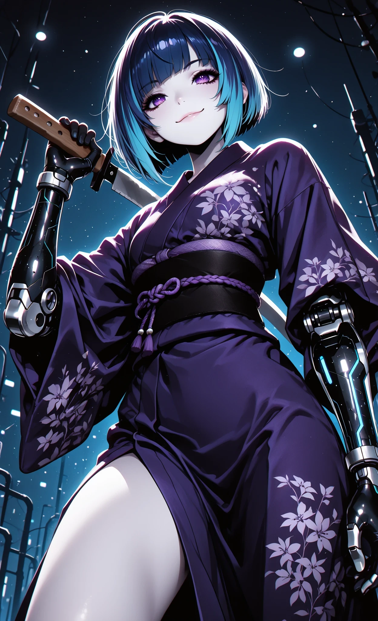 masterpiece, best quality, ultra-detailed:1.3, anime style, 1girl, pale skin, bob haircut with blue hair and turquoise highlights, purple eyes, wearing purple kimono with black obi, (cybernetic arms:1.3), holding machete in dynamic combat pose, cunning expression, sly smile, large cybernetic panther leaping beside her, dark blue background, strong lighting, high contrast, digital art, stylized details, dramatic low angle perspective, dutch angle, motion blur, intense mysterious atmosphere