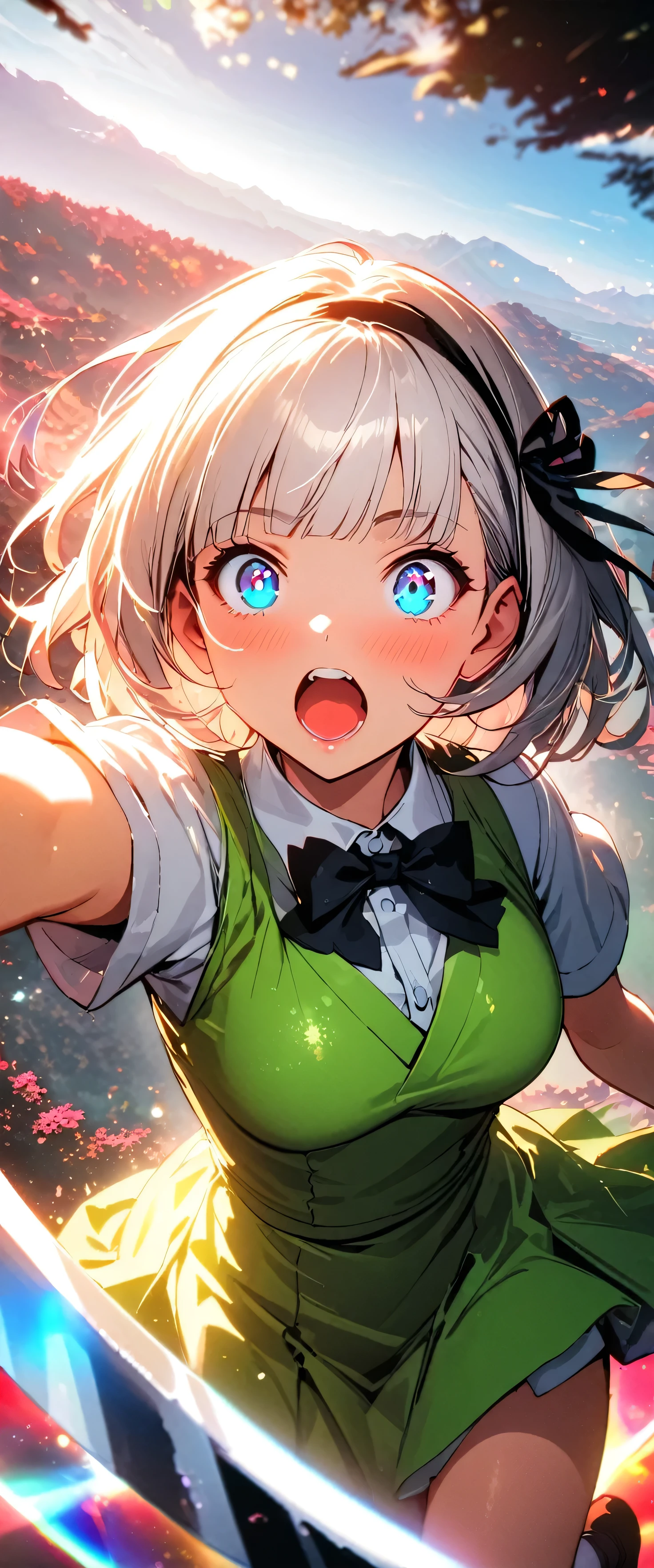 (beautiful girl: 1.3),1girl,masterpiece, Highest quality, Ultra-high resolution,rich contrast,super high quality,8k,Highly detailed CG unit wallpaper,texture,Incredibly absurd,Ultra-high resolution,RAW Photos,Depth of Field 1.2,Ultra-detailed eyes,Glowing Skin,Glitter effect,Beautiful glossy lips,Conclusion, 1girl, white hair, short hair, blunt bangs, blue eyes,hair band, hair ribbon, black ribbon, black bowtie, white shirt, collared shirt, green vest, green skirt, socks,Japanese sword,((Surprised)),overlooking,(magnificent panorama view:1.3),holding an empty white plate,anger,(curved sword:1.5)