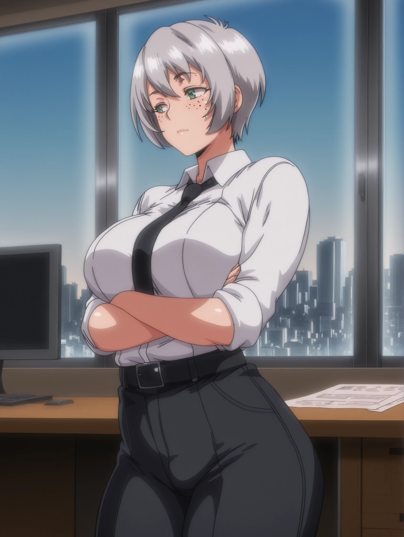 Anime style, high quality, mature woman, sexy and athletic body with soft curves,thick legs, realistic mature proportions, wearing a crisp white with sleeves rolled up to the elbows, black tie, and tight black office pants, simple black belt, , short gray hair with black roots, striking green eyes, freckles on cheeks, arms crossed over chest, leaning casually against a wooden office desk, cinematic lighting, modern office interior with bookshelves, paperwork, a computer monitor and large glass windows showing a city skyline during daytime, professional expression.