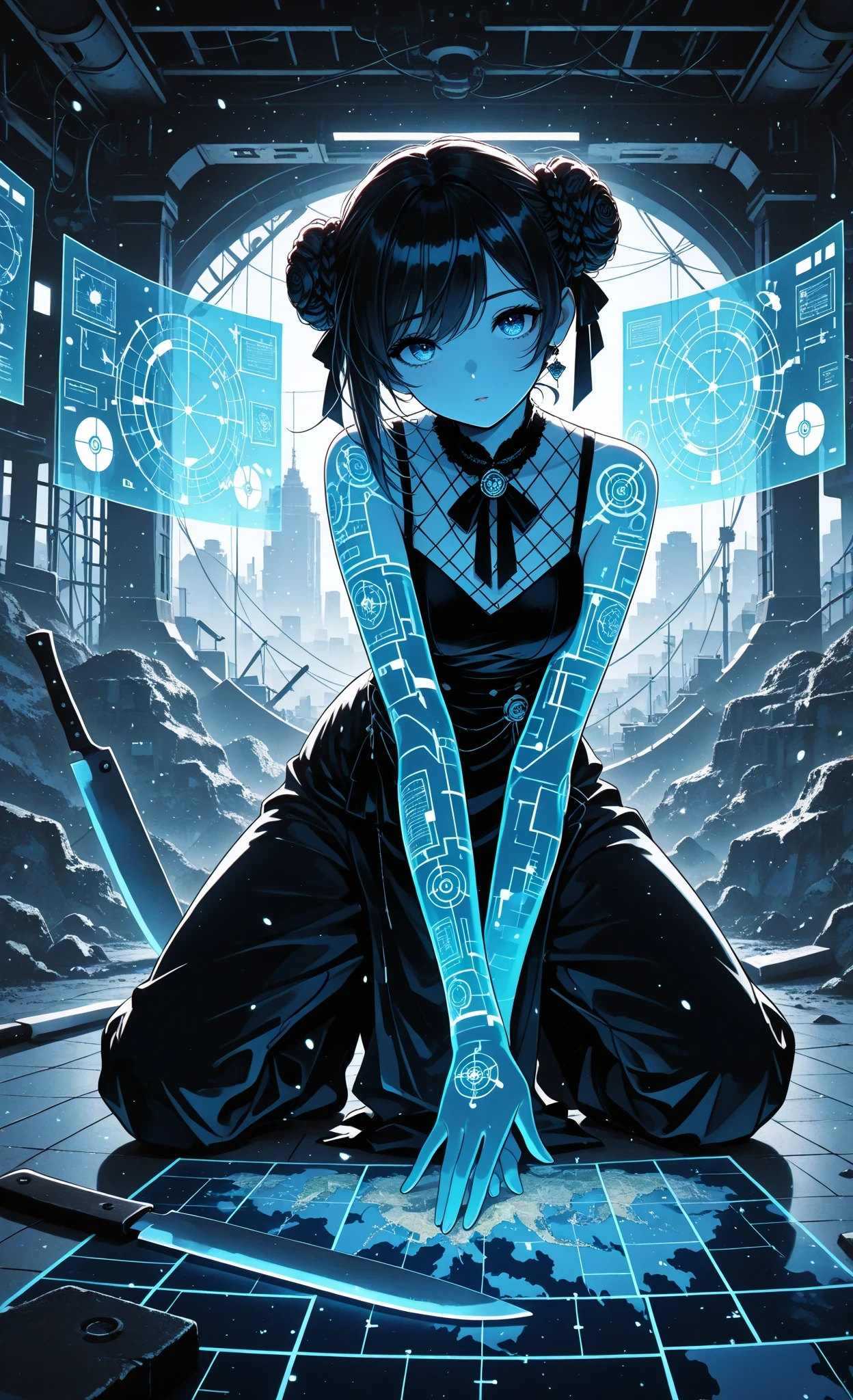 masterpiece, best quality, very aesthetic, absurdres, 1woman, elegant bun hairstyle, kneeling pose, one hand touching ground scanning, machete projecting terrain map, multiple holographic displays, calculated gaze, urban battlefield, strategic atmosphere