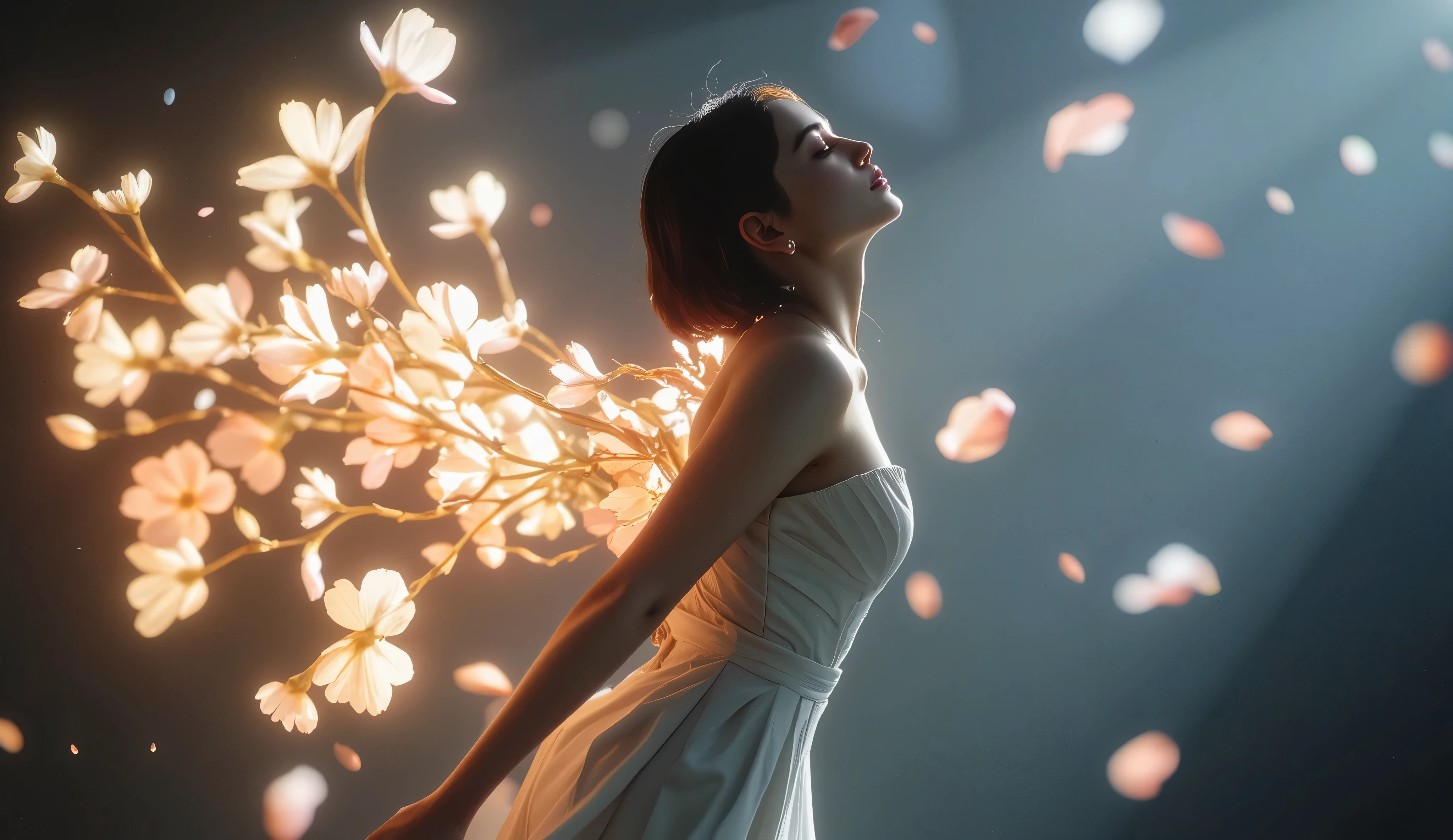 surreal cinematic portrait of a woman in a sculptural pose, your body gracefully leaning back as if frozen in time, She wears a flowing dress, branco, her soft skin illuminated by diffused and dark light, } luminous flowers bloom from your back emitting a soft ethereal glow, petals floating in the air like fragments of light, delicate stems intertwining with their shape, symbol of rebirth and transcendence, atmosphere filled with floating mist and warm mist, soft light outlining its outline, serene emotion, subtle particles and glowing dust, Detalhe Hiperreal, anatomia suave, minimalist artistic background, Volumetric cinematographic lighting, film grain, bokeh bloom, rendering from Unreal Engine, flux style composition, surreal emotional beauty, mystical tone, inspired by Greg Rutkowski, uau, ruan jia,