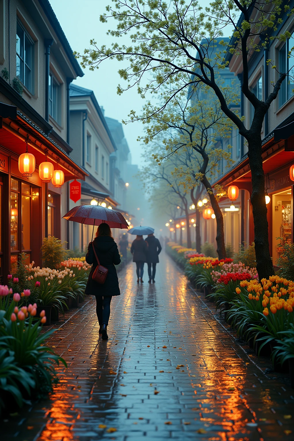  The town streets in spring after the rain ， The damp cobblestone pavement reflects the neon lights of the shops 。New green buds on the branches ， Tulips and daffodils bloom in the flowerbeds along the street.。 Pedestrians stroll by with umbrellas ， The overall atmosphere is warm yet slightly melancholic ， The color tone is cool but accented with warm colors ， Like a moment captured by a movie camera ，Storytelling。