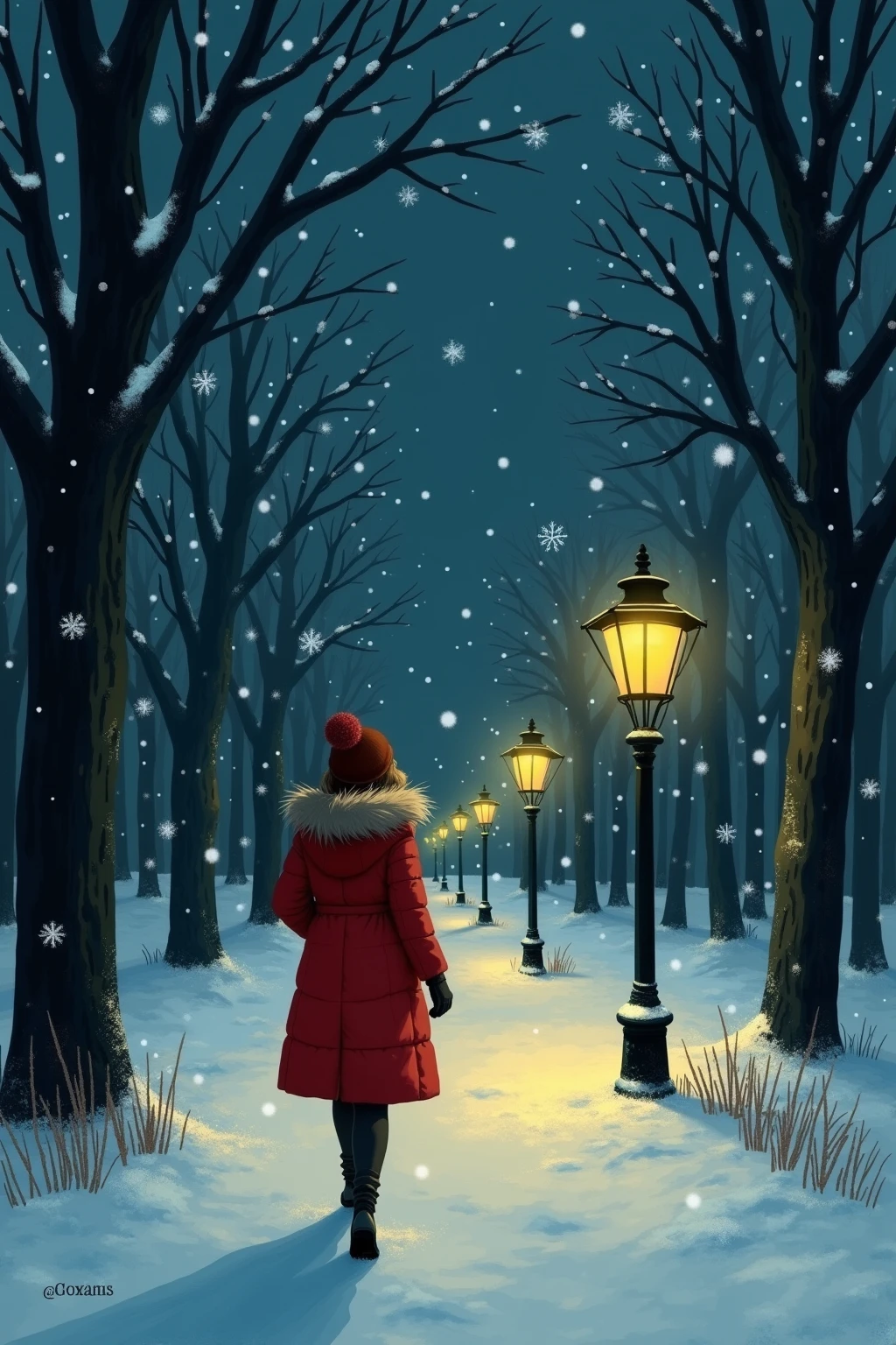 A woman in a red coat walks through a snowy park at night, surrounded by glowing lanterns. Her footsteps are the only sound when snowflakes fall silently beside her. The atmosphere is still static, drawn in a soft storybook style，The shade is warm，Detailed. super detailed, A moody and poetic winter scene.