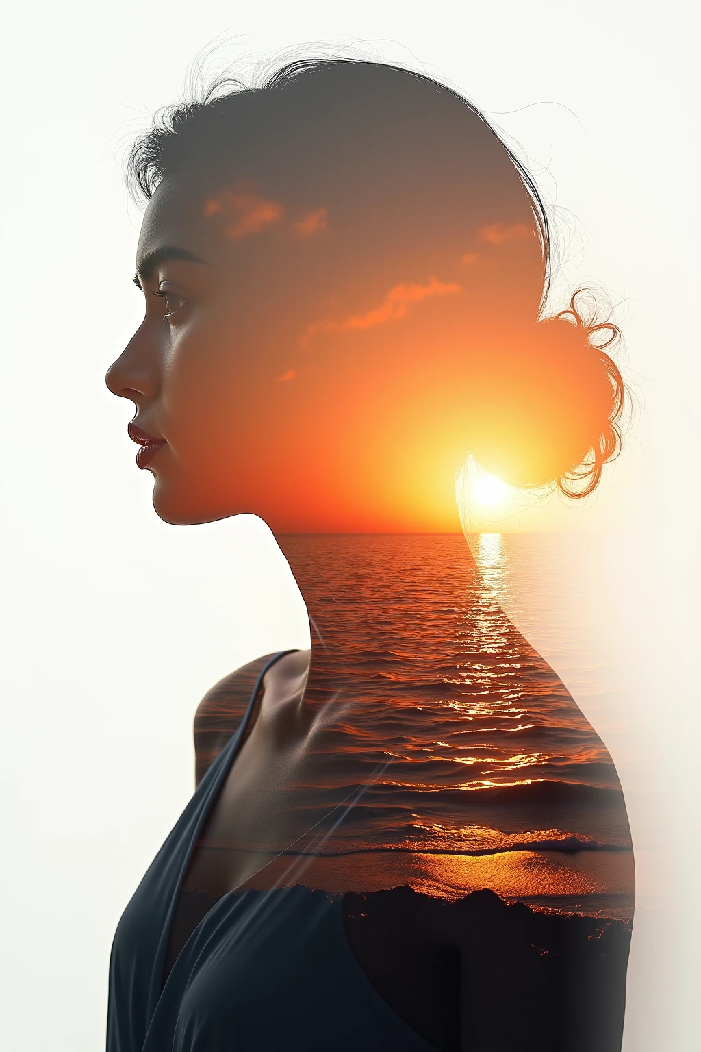 High quality，8K Ultra HD，美丽的Doubleexposure，combines the silhouette of the goddess with the sunset coast，The sunset coast should be used as the bottom background，details are incorporated into the goddess's silhouette，Clear lines，The background is monochromatic，Sharp focus，Doubleexposure，by Yukisakura，extremely wonderful full color