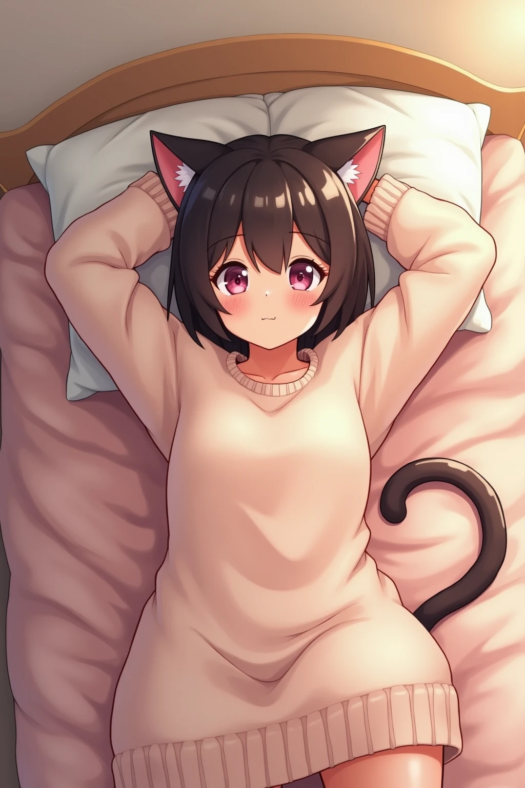 A girl with cat ears stretches on a plush bed wearing an oversized sweater that slides off her shoulders, Wearing an oversized sweater that slips off your shoulders. her tail playfully curls. in a soft animation style, soft ambient light, skin blush, and fuzzy texture.  and , 4k cozy .