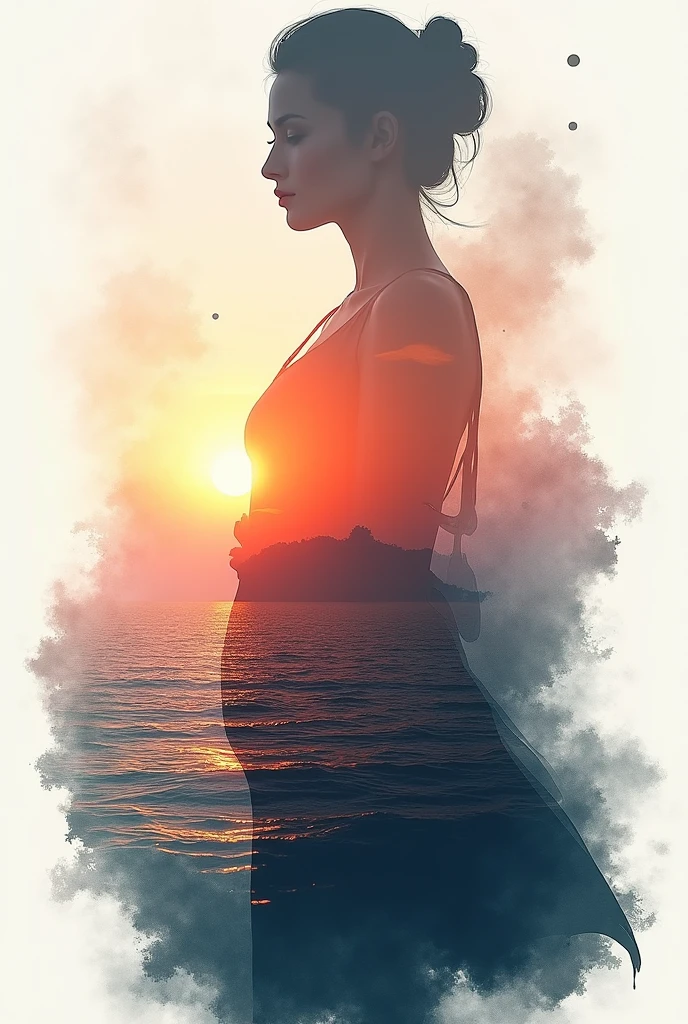 High quality，8K Ultra HD，美丽的Doubleexposure，combines the silhouette of the goddess with the sunset coast，The sunset coast should be used as the bottom background，details are incorporated into the goddess's silhouette，Clear lines，The background is monochromatic，Sharp focus，Doubleexposure，by Yukisakura，extremely wonderful full color