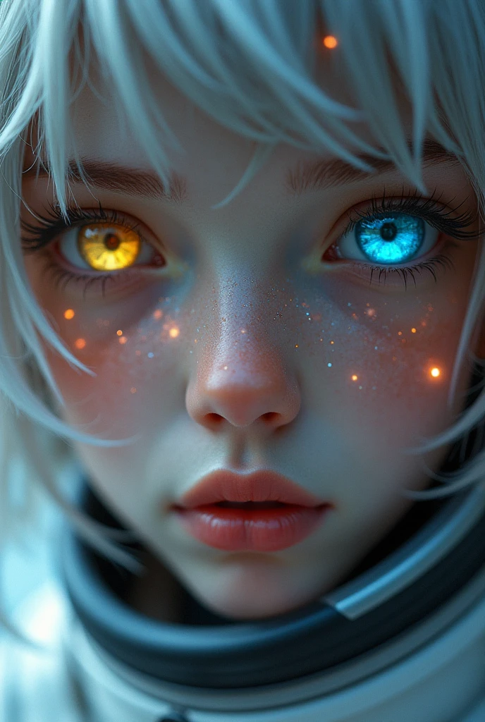 (Close-up of an excellent masterpiece:1.5)0.9]，(Space and astronauts:1.2) (Messy silver hair:1.1) (Heterochromatic eyes, yellow, blue eyes:1.2) (Casque spatial:1.0) (with colored stars in the eye:1.0) (Dazzling light:1.1) (Thick lip:0.9)