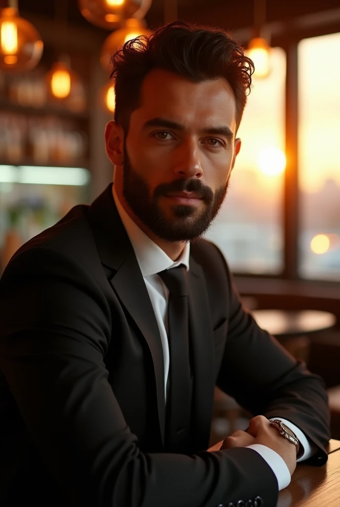 A handsome bearded man in a sleek black suit sitting at a modern bar, golden hour sunlight streaming through windows creating dramatic rim lighting, cinematic photography with realistic skin textures and fabric details, sharp focus on facial features, photorealistic, 8k, professional portrait lighting