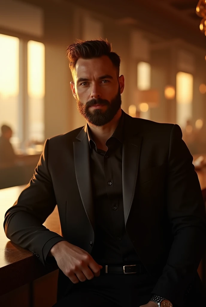A handsome bearded man in a sleek black suit sitting at a modern bar, golden hour sunlight streaming through windows creating dramatic rim lighting, cinematic photography with realistic skin textures and fabric details, sharp focus on facial features, photorealistic, 8k, professional portrait lighting